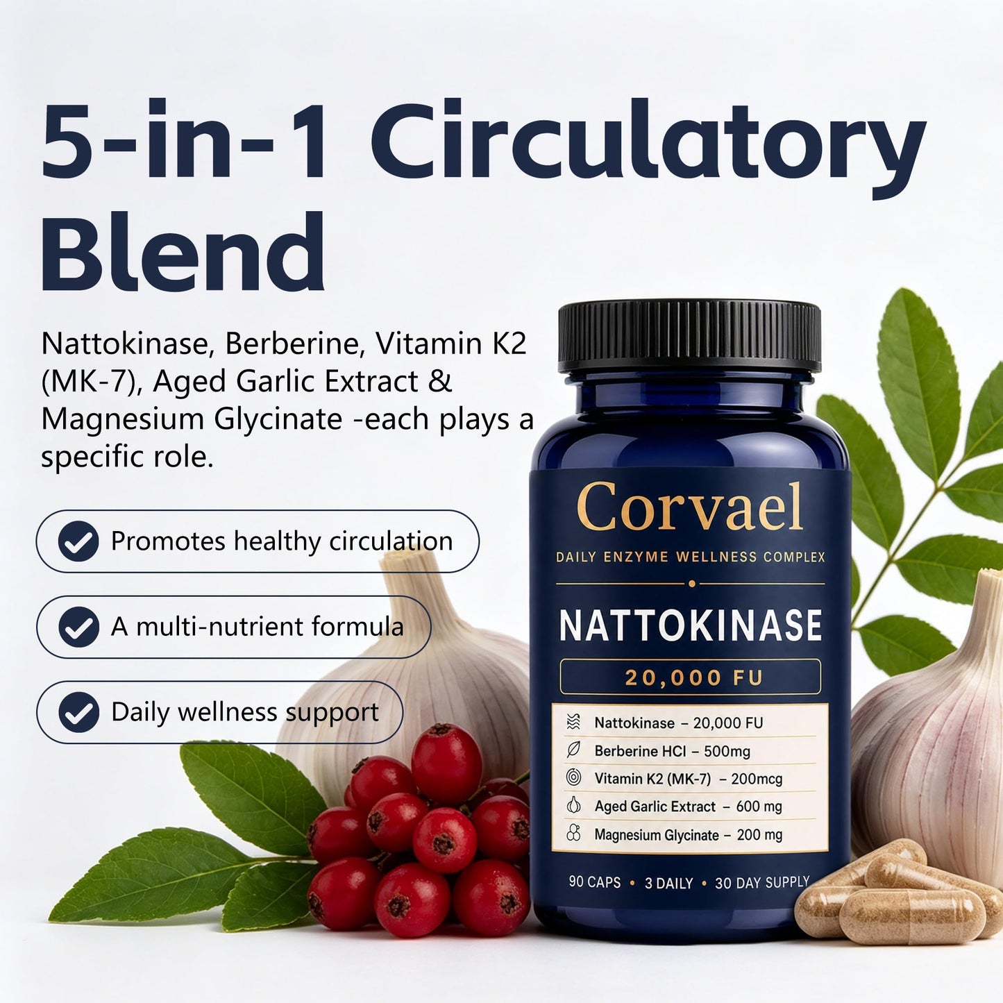 BORNIU Corvael Nattokinase 20000 fu, Nattokinase Fibrinolytic Complex, 90 Capsules