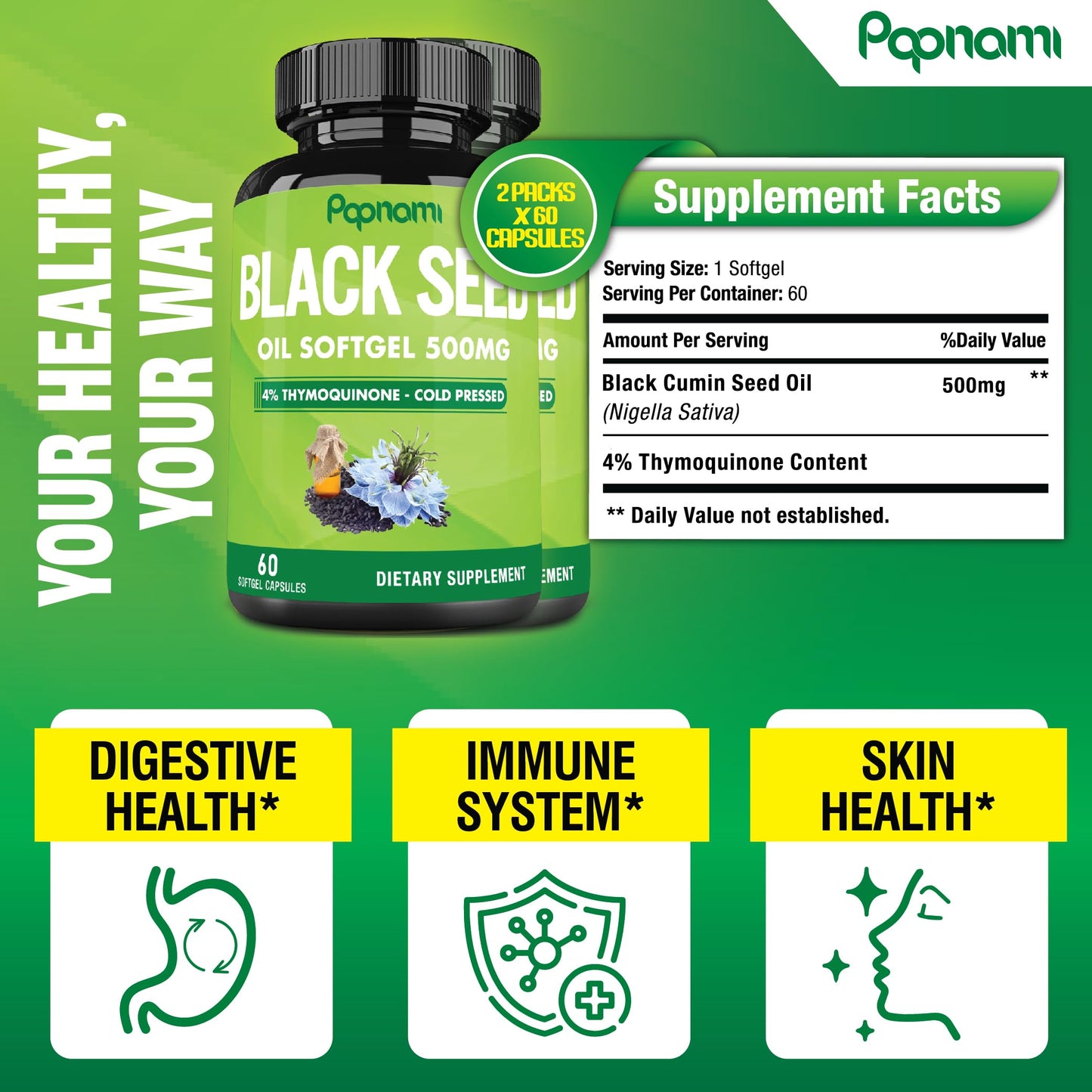 Papnami Premium Black Seed Oil Softgel Capsules, 120 Count