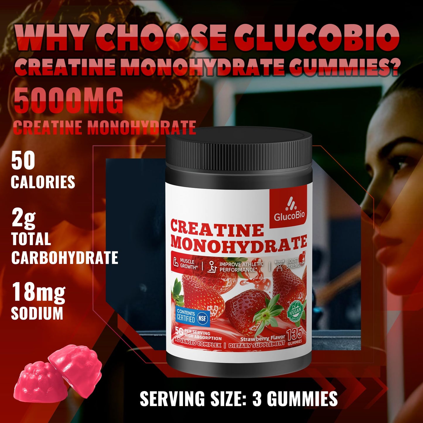 GlucoBio Creatine Monohydrate Gummies, 135 Count