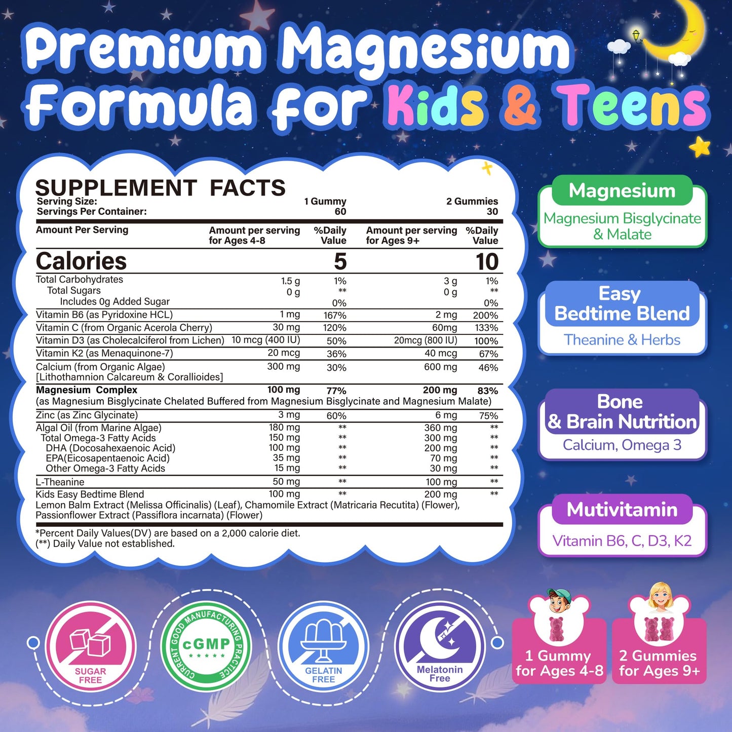 Nextdia Kids Magnesium Glycinate Gummies + Calcium + Omega-3, Melatonin Free, with L-Theanine, B6, D3 & K2, Zinc & Vitamin C, 120 Gummies