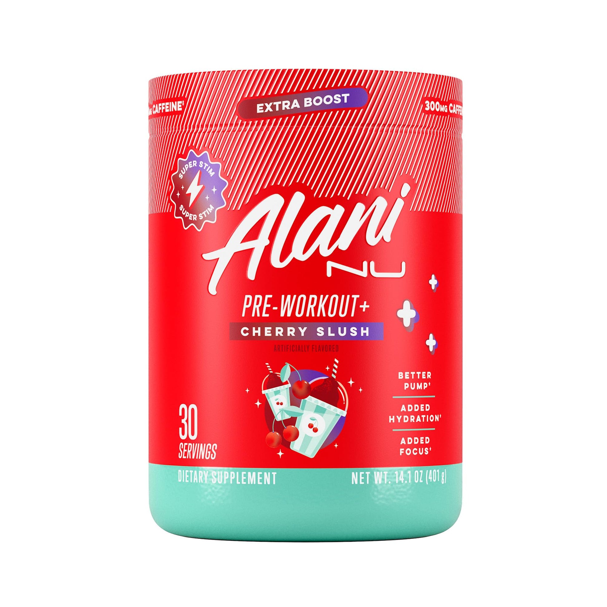 Alani Nu Pre Workout+ Powder Cherry Slush, Extra Boost, Sugar Free, 300mg Caffeine, L-Theanine, Beta-Alanine, Citrulline, 30 Servings, 13.8 Ounce
