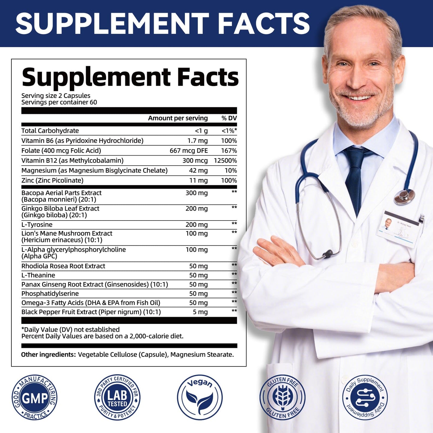 Migcopat Brain Supplements for Memory & Focus Nootropic with Bacopa, Lion's Mane, Alpha GPC, Vitamin B6 & B12, 240 Capsules