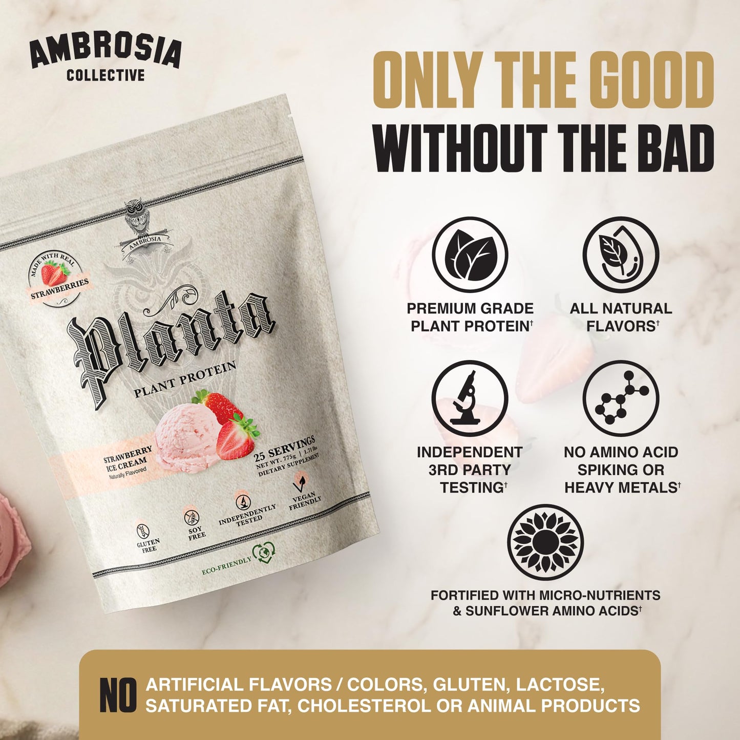 Ambrosia Plant Based Pea Protein Powder Strawberry Ice Cream Flavor, 25 Servings