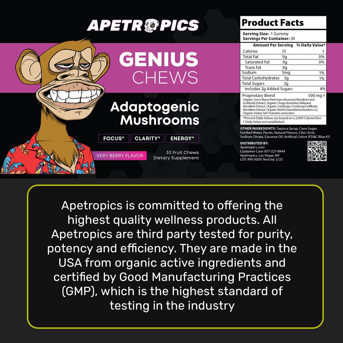 Apetropics Genius Chews Brain Gummies with Lion’s Mane, Cordyceps, Reishi & Turkey Tail Mushroom - Immune Support and Nootropic Brain Supplement - Very Berry Flavor, 30 Gummies