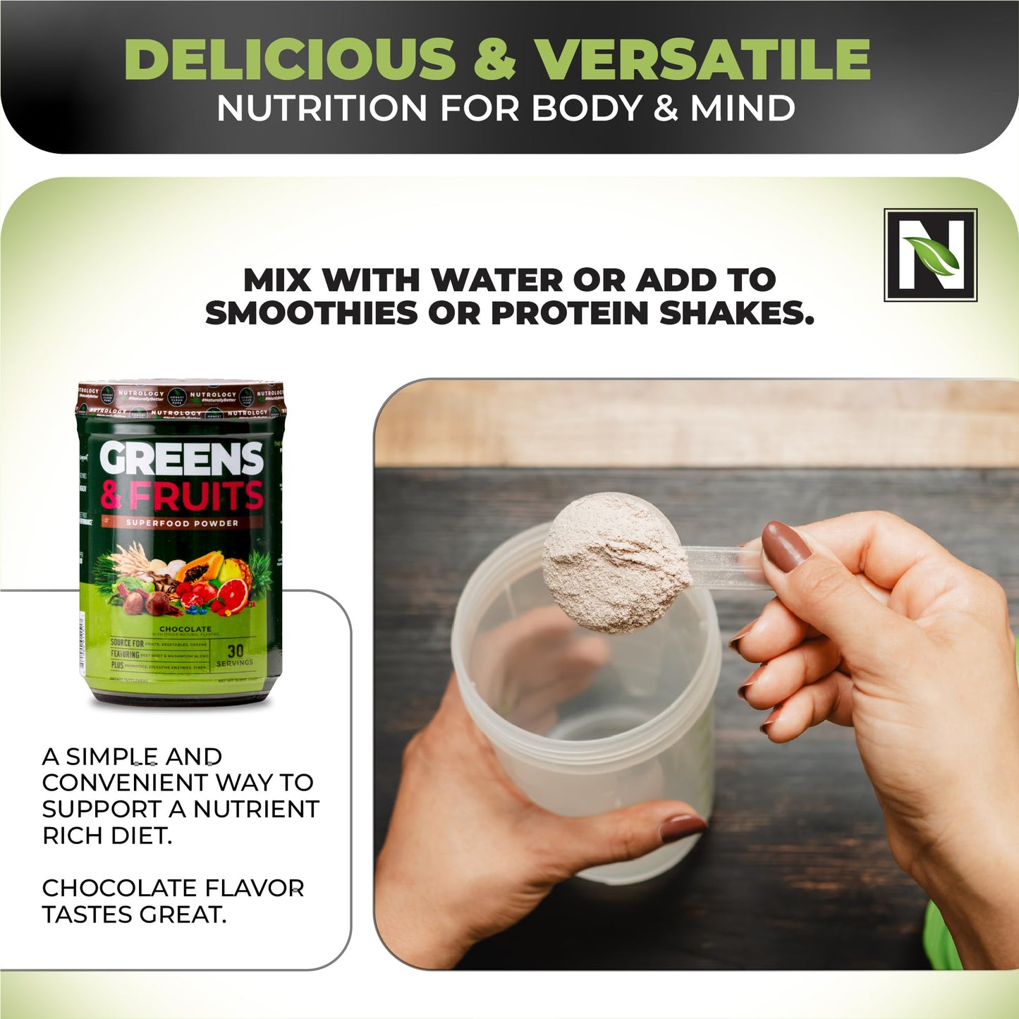 Nutrology Greens & Fruits Powder Chocolate 14.1 oz