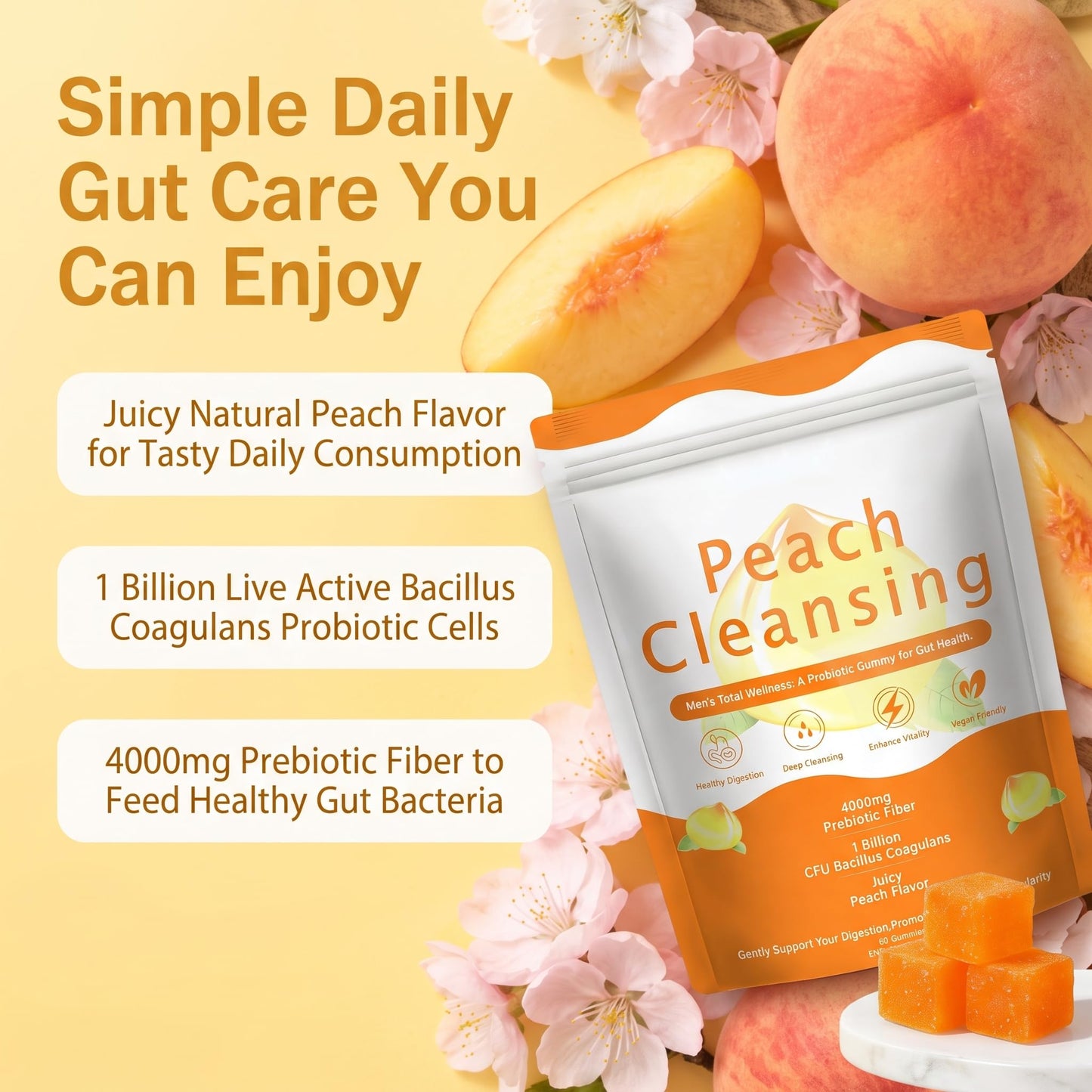 SERSANVE Peach Clean Fiber Gummies with Prebiotic for Men, 60 Count