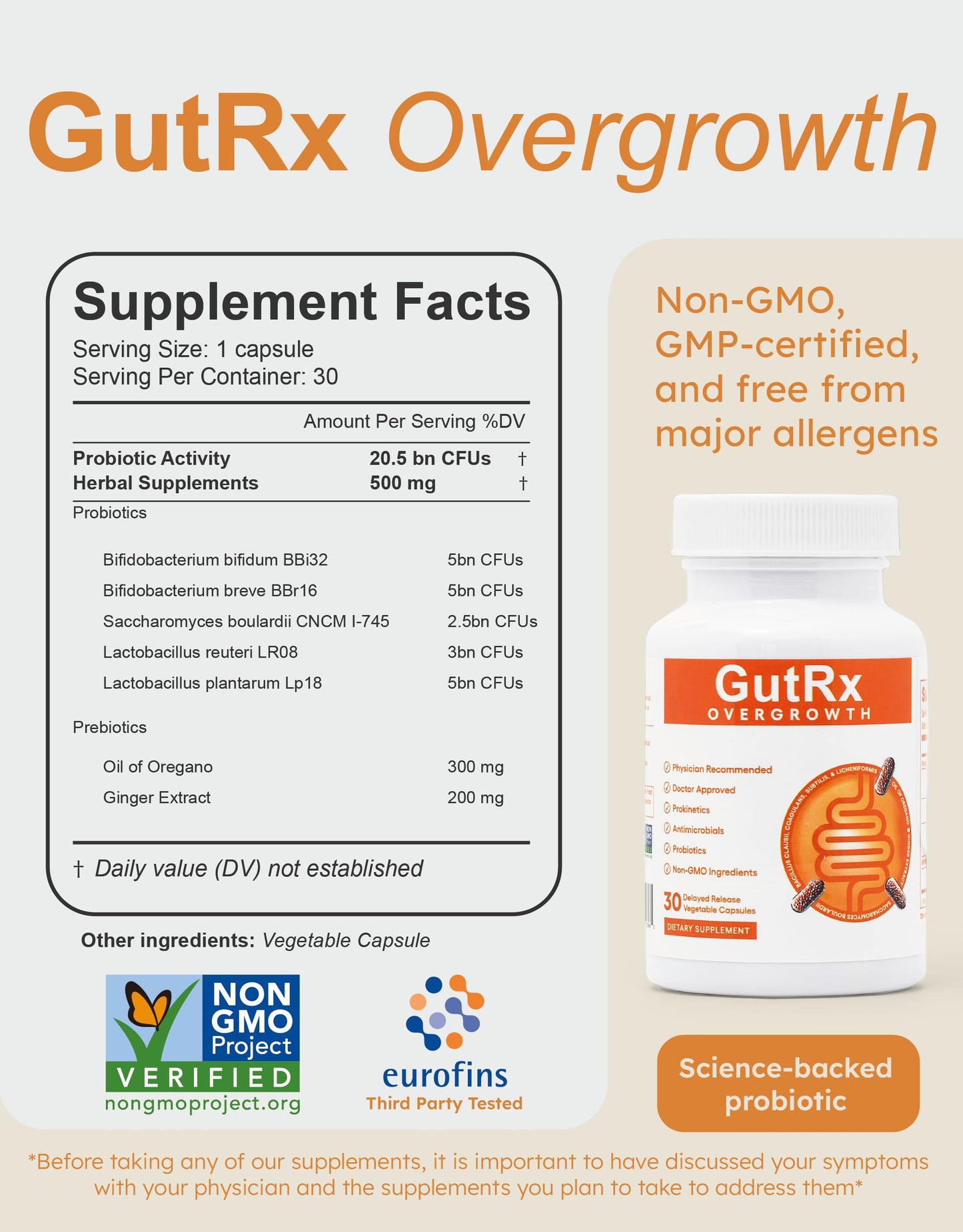 GutRx Overgrowth Probiotics, 30 Capsules