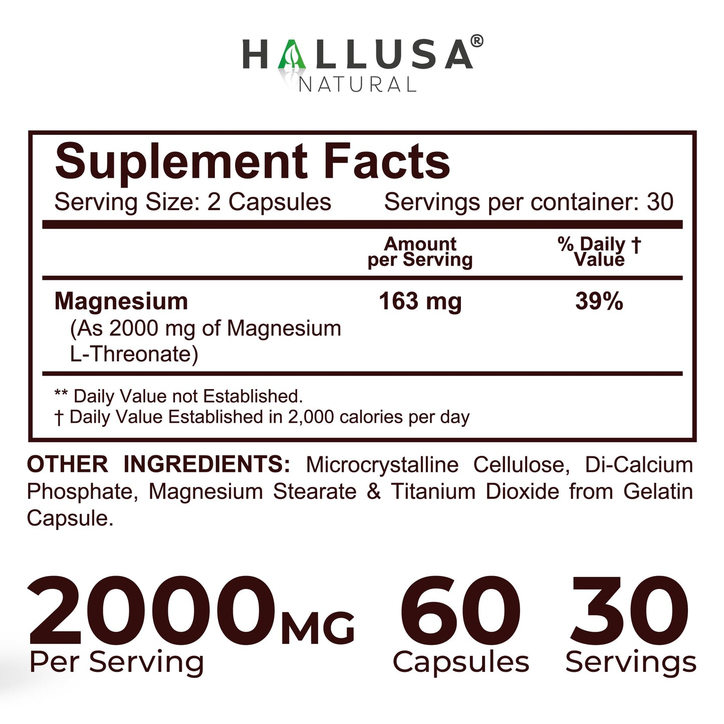 Hallusa Natural Magnesium L-Threonate Supplement Capsules, 60 Capsules