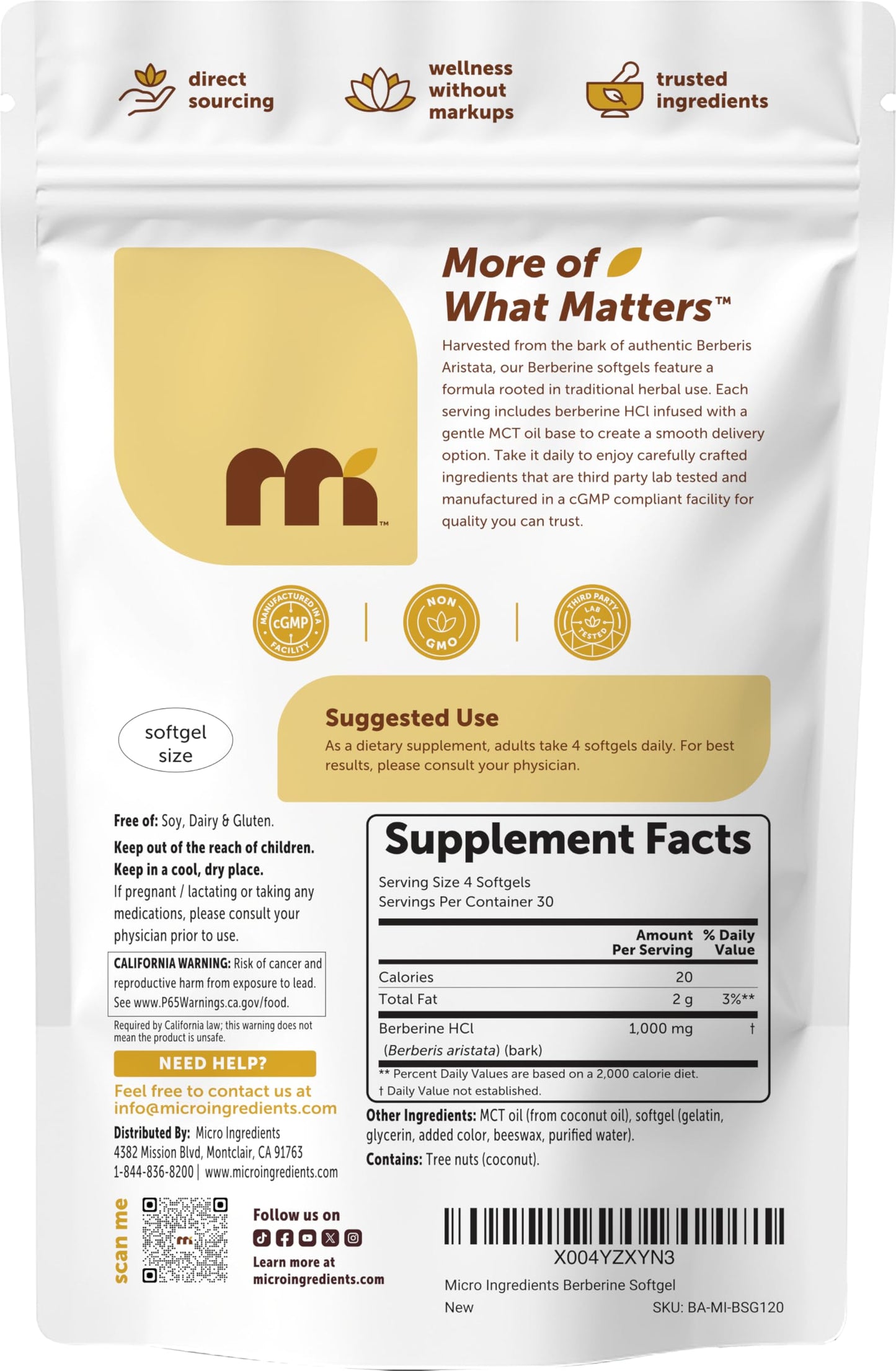 Micro Ingredients Berberine 1000mg with MCT Oil Softgels, 120 Count