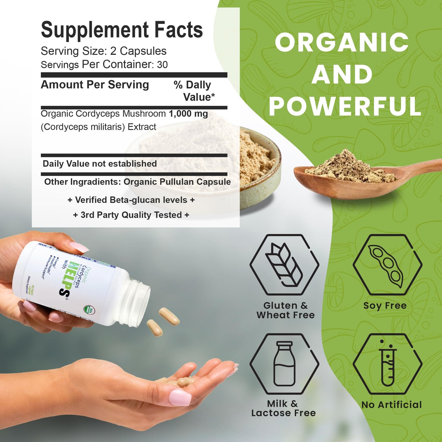 Help Supplements Organic Cordyceps Mushroom Capsules - 1000mg Cordyceps Militaris Extract - Beta-Glucan - Herbal Support for Energy-Boosting & Immune Health, 60 Capsules