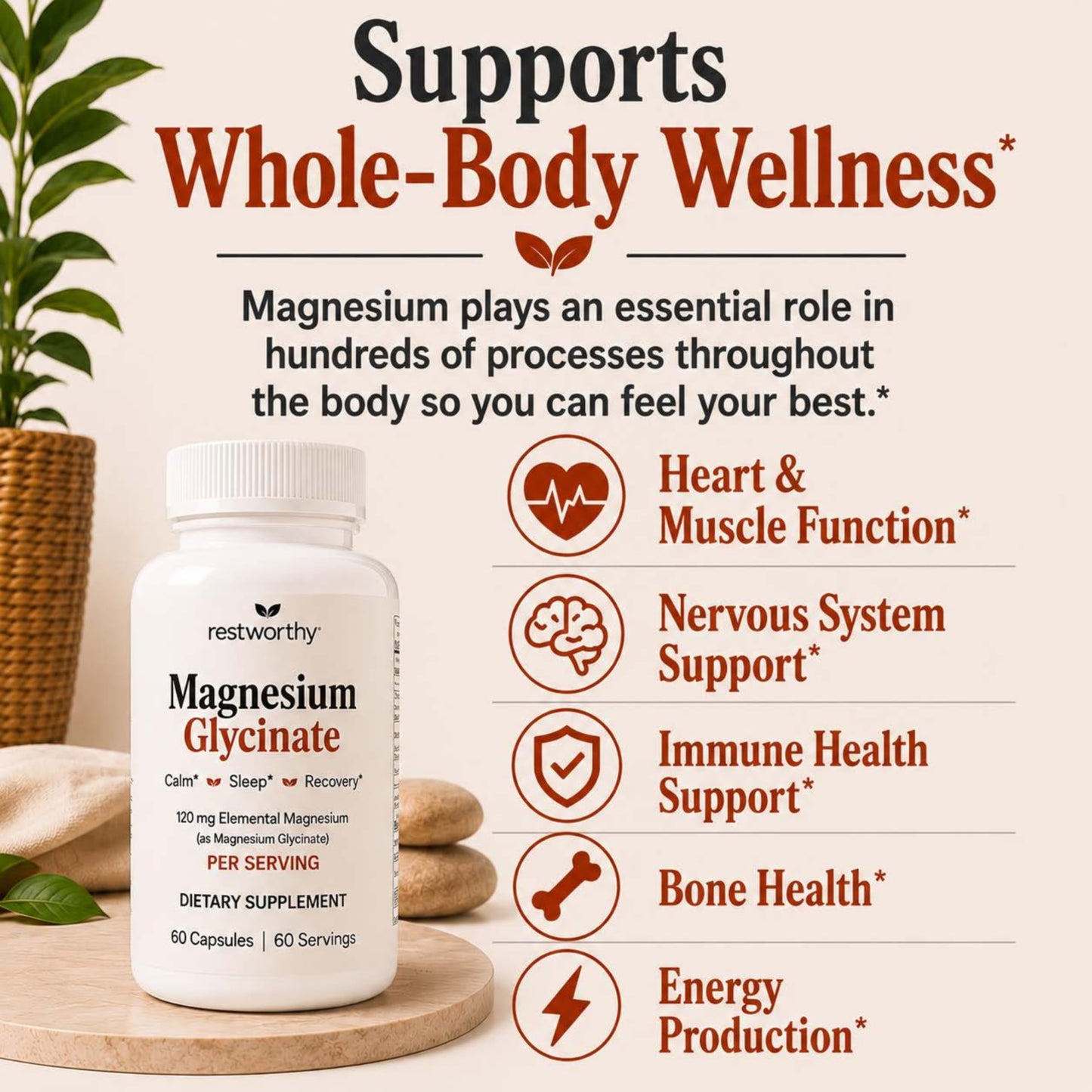 Restworthy Magnesium Glycinate Capsules, 60 Count