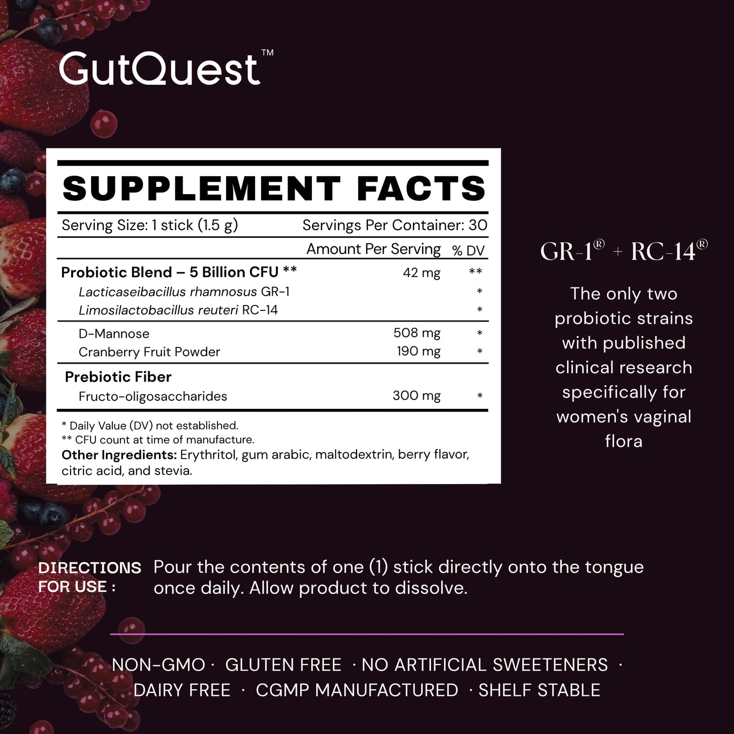 GutQuest Intimate Balance Vaginal & Urinary Tract Health Probiotic for Women GR-1 RC-14 Clinically Studied Strains D-Mannose & Cranberry Wild Berry Powder 1.58 oz
