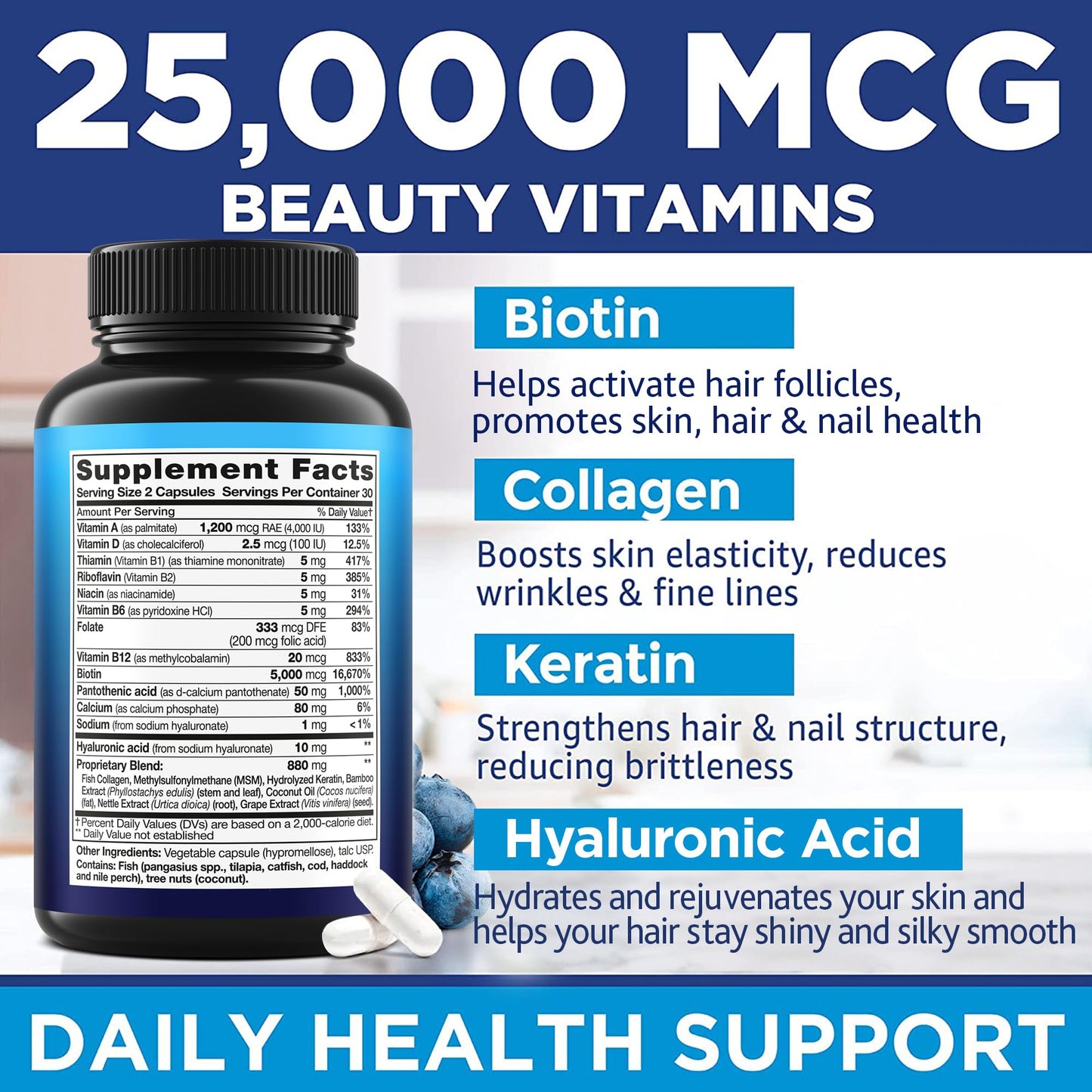 MOREX VITAMINS Biotin Collagen Keratin Supplement with Hyaluronic Acid - 25,000 mcg Capsule, 60 Count