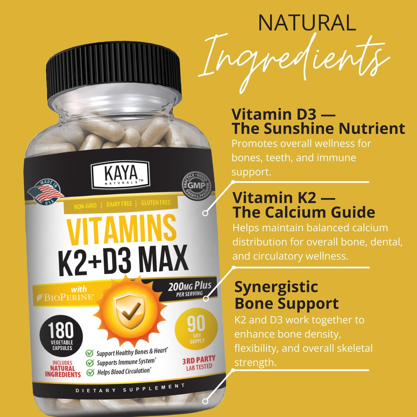 Kaya Naturals Vitamins K2 with D3 5000IU Capsules, 180 Count