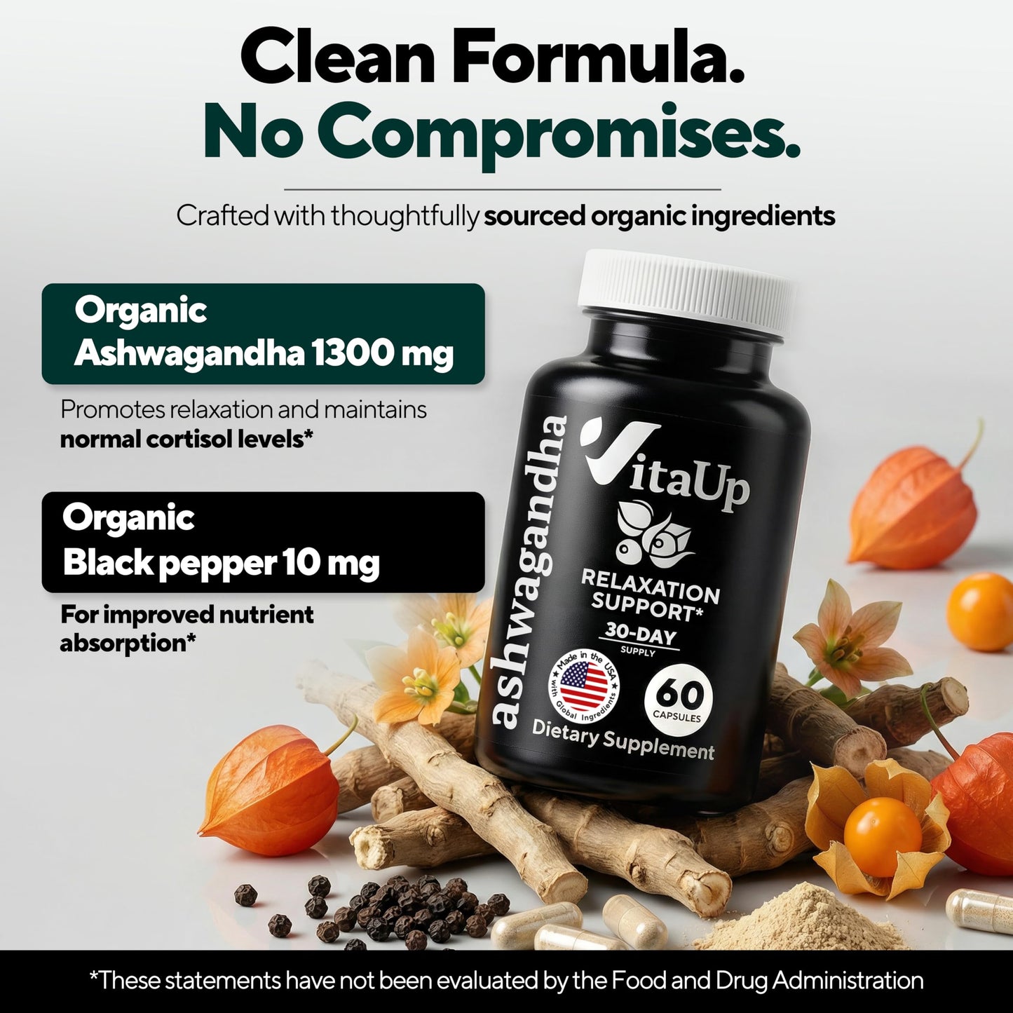 VitaUp Ashwagandha Capsules 1310mg with Black Pepper, 60 Capsules