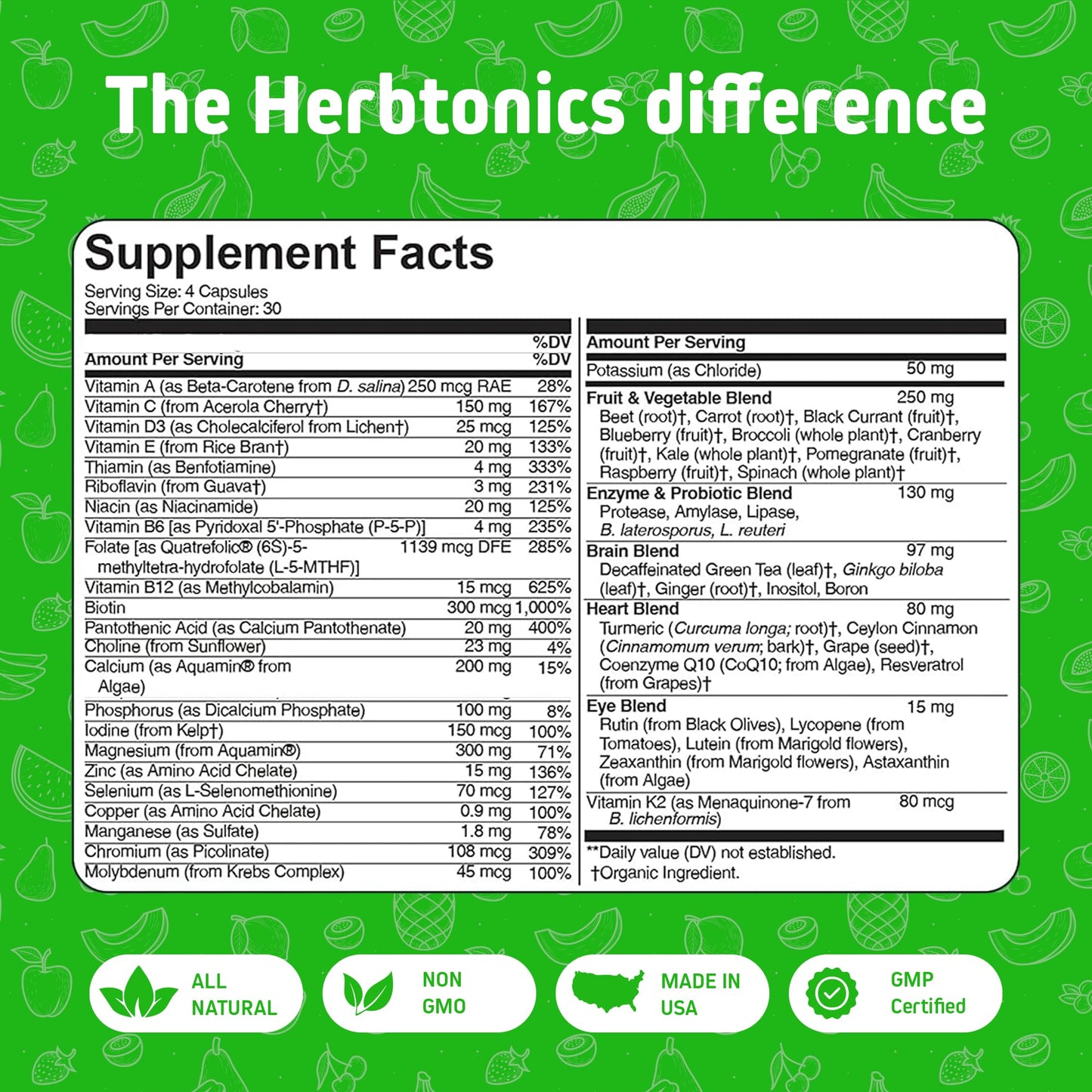 Herbtonics Whole Food Multivitamin for Men & Women – Vegan Multivitamin with Real Fruits & Veggies, Probiotics, CoQ10, Turmeric & More Capsules, 120 Count