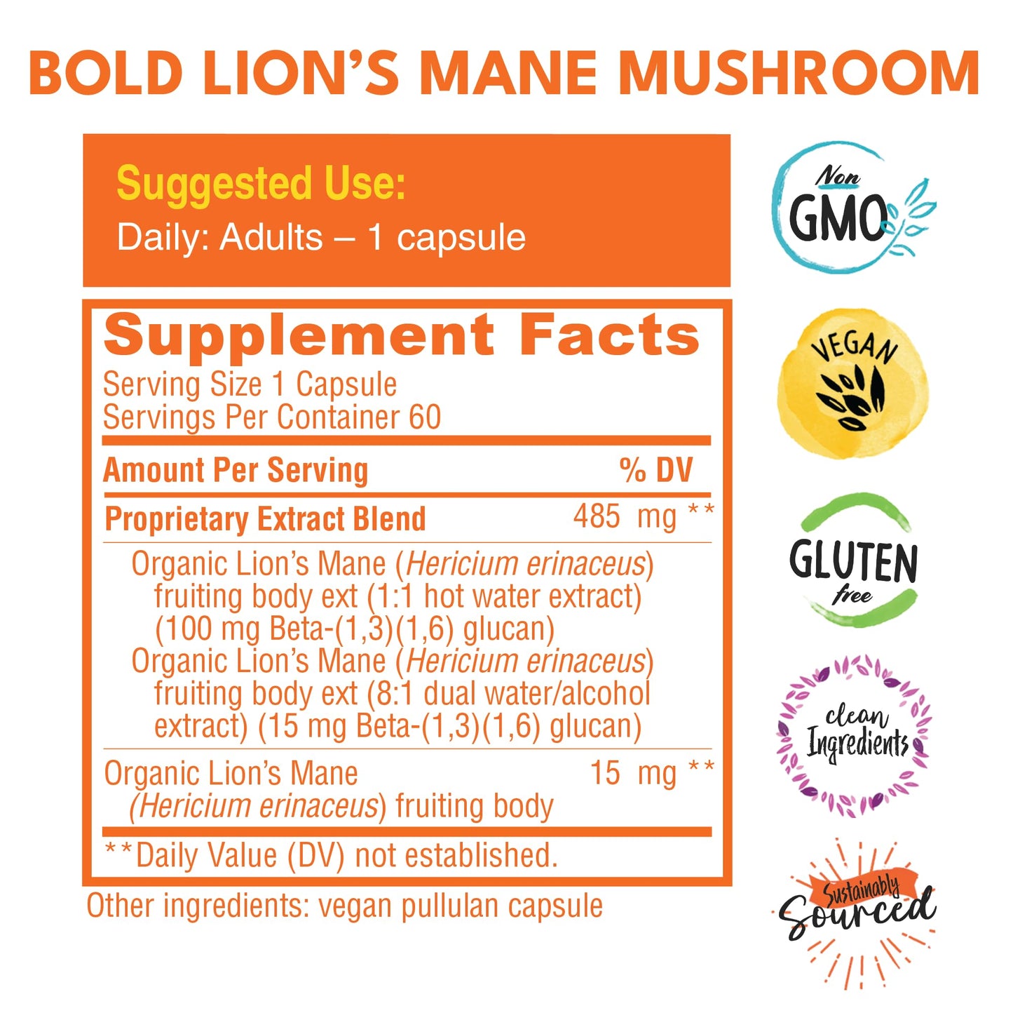Bold Botanica Organic Lion's Mane Mushroom Supplement Capsules 60 Capsules