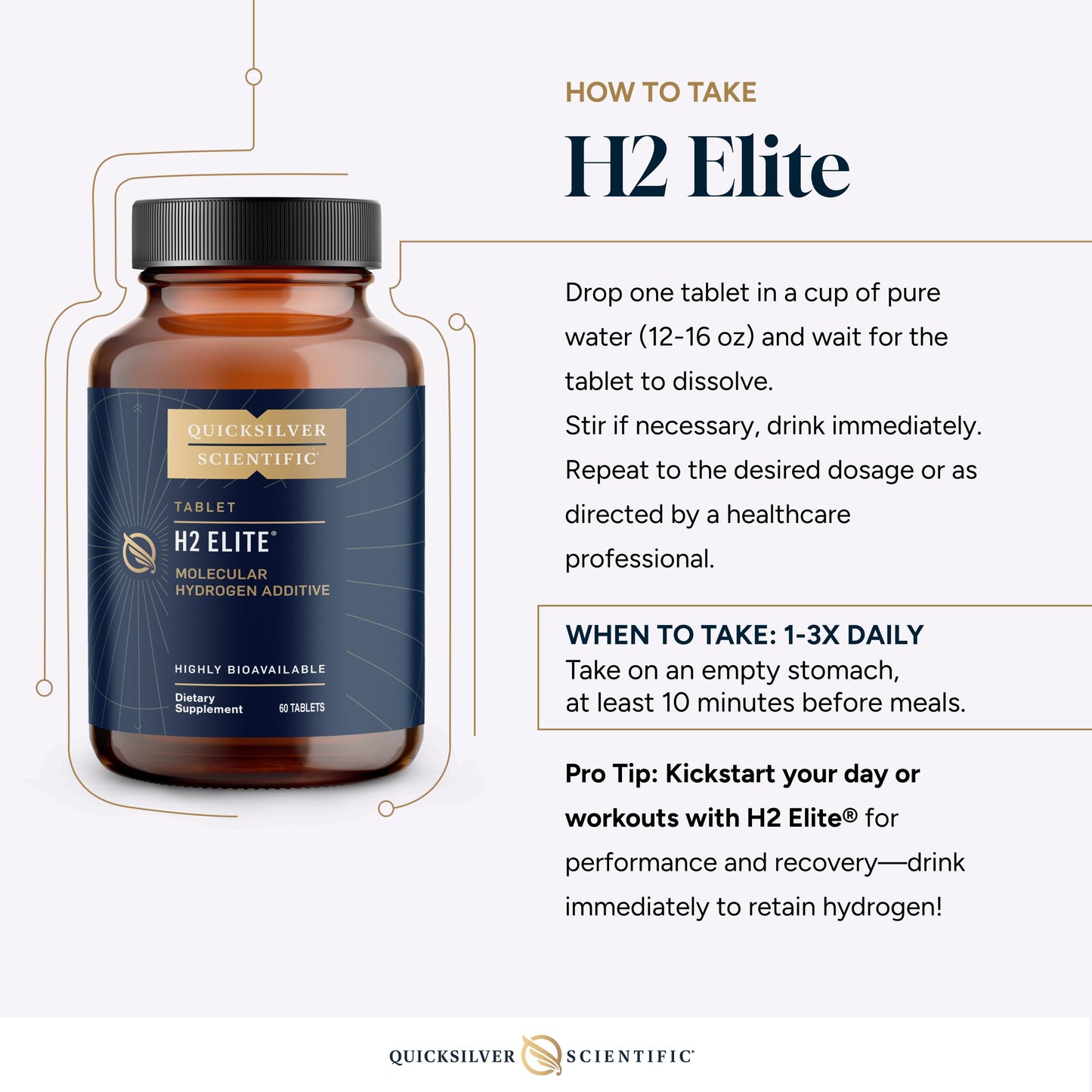 Quicksilver Scientific H2 Elite - Molecular Hydrogen for Energy + Metabolism Support, 60 Tablets