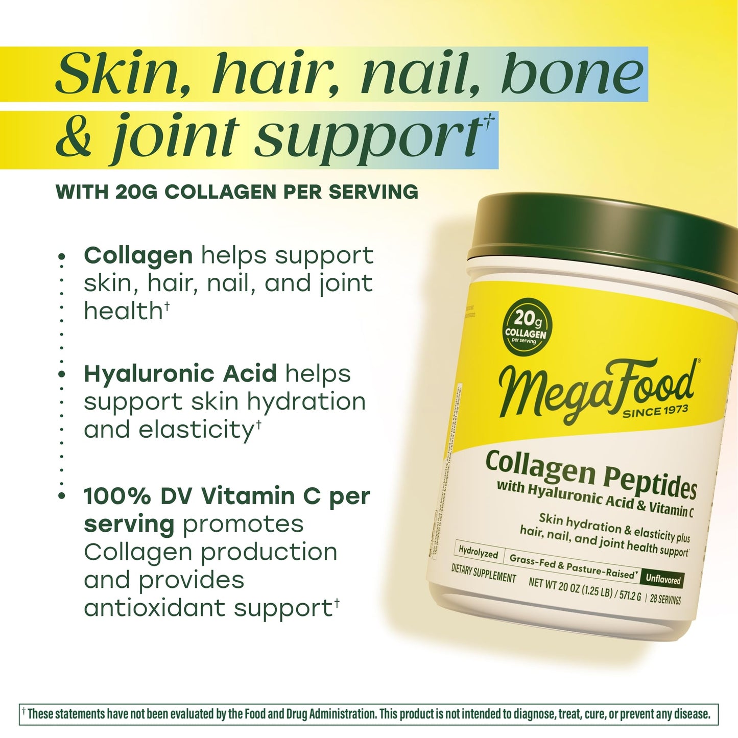 MegaFood Collagen Peptides for Women & Men - Unflavored Collagen Powder with Hyaluronic Acid & Vitamin C - Supports Skin Hair Nails & Joint Health - Grass-Fed Bovine Collagen - 20g