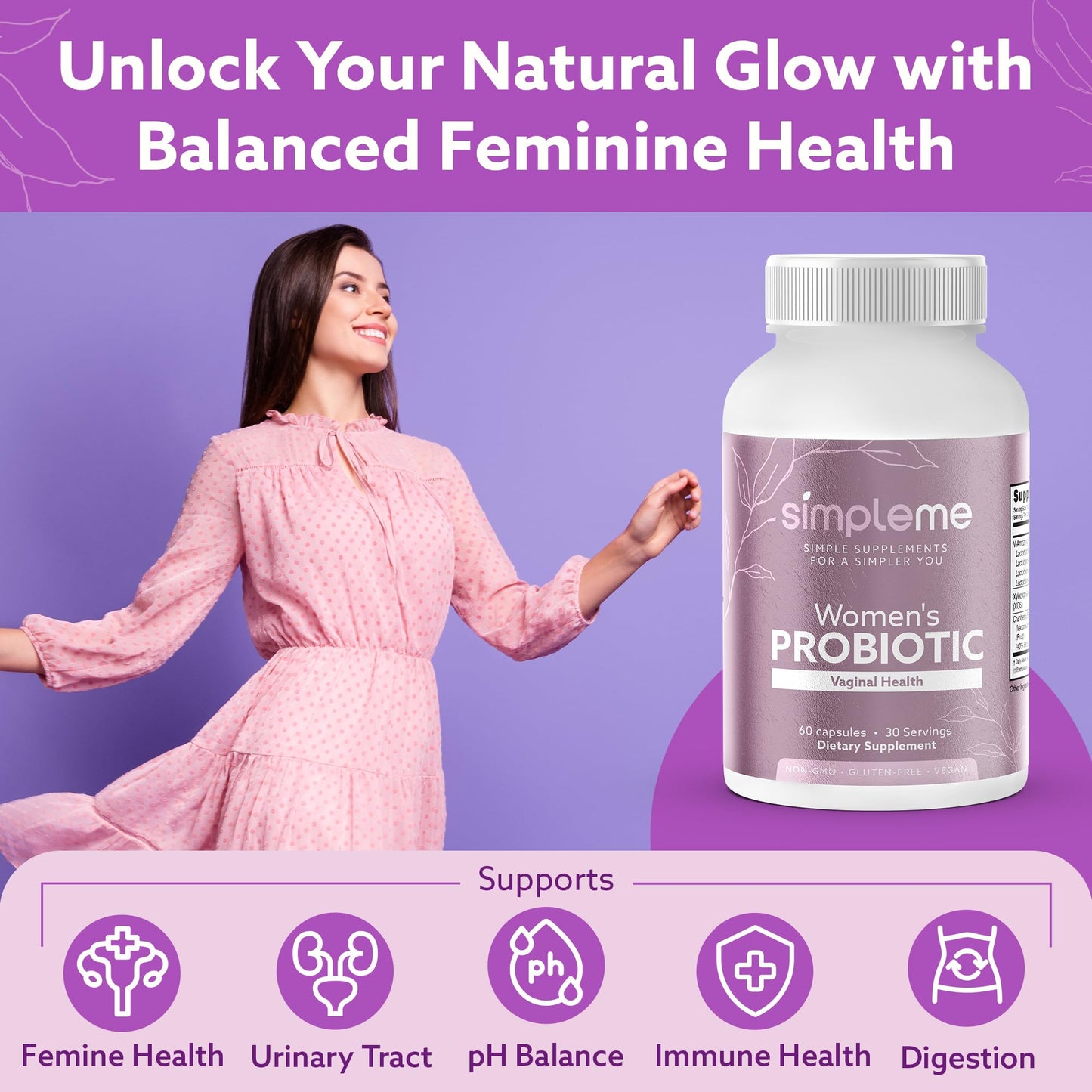 SIMPLEME Womens Probiotics with Prebiotics & Cranberry 60 Capsules