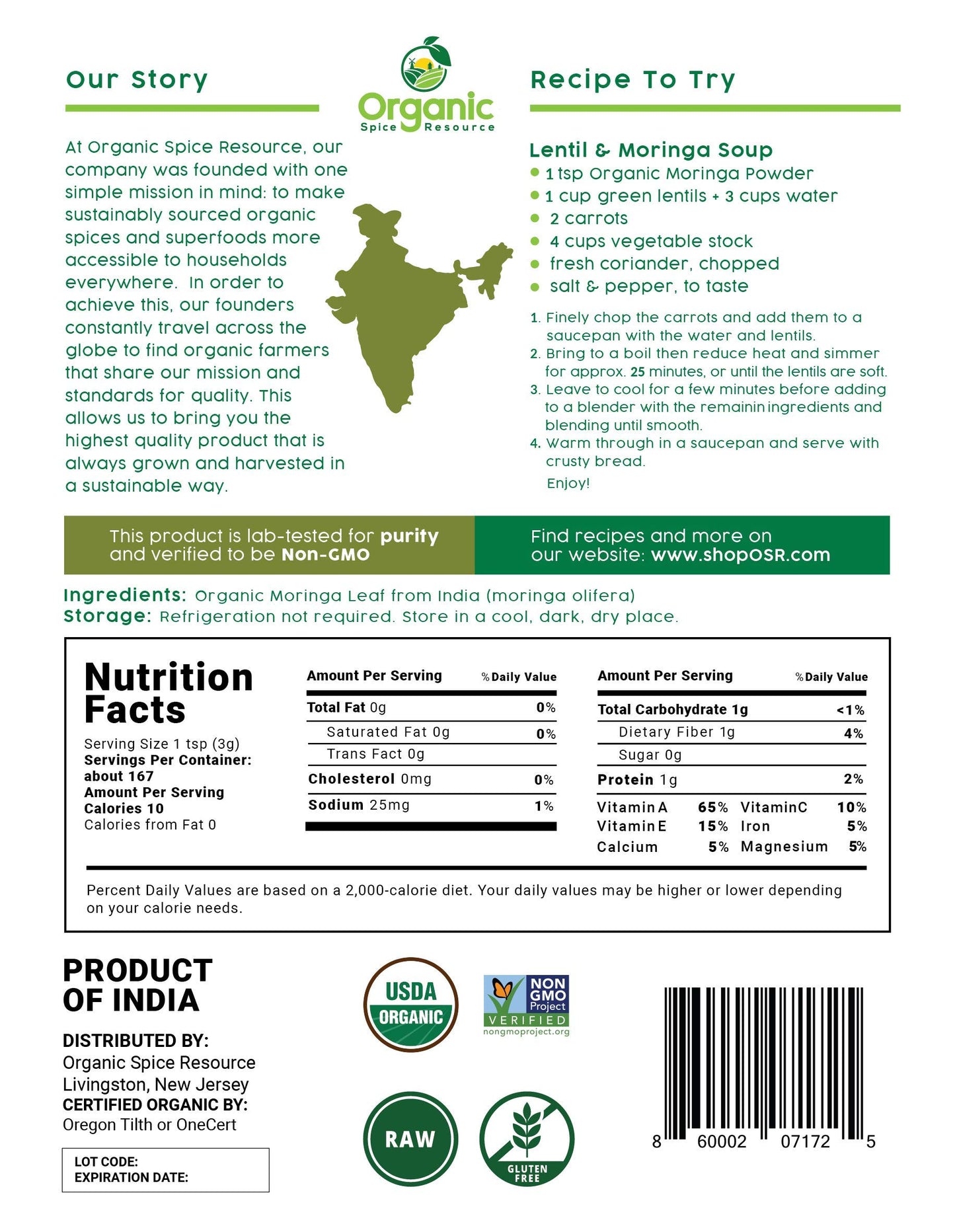 Organic Spice Resource Organic Moringa Powder 35.2 Ounce