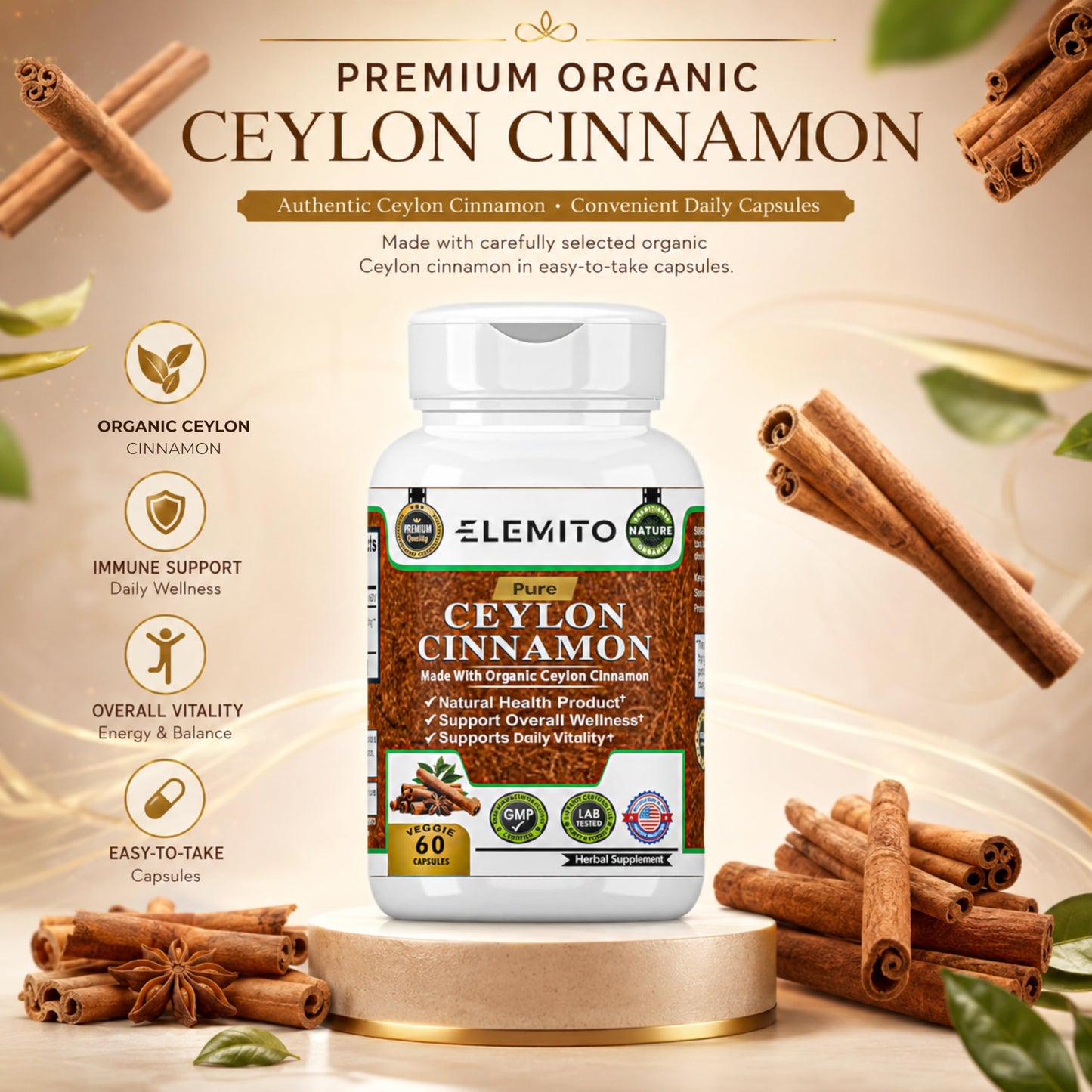 ELEMITO Organic Ceylon Cinnamon Capsules 1200mg, 60 Count