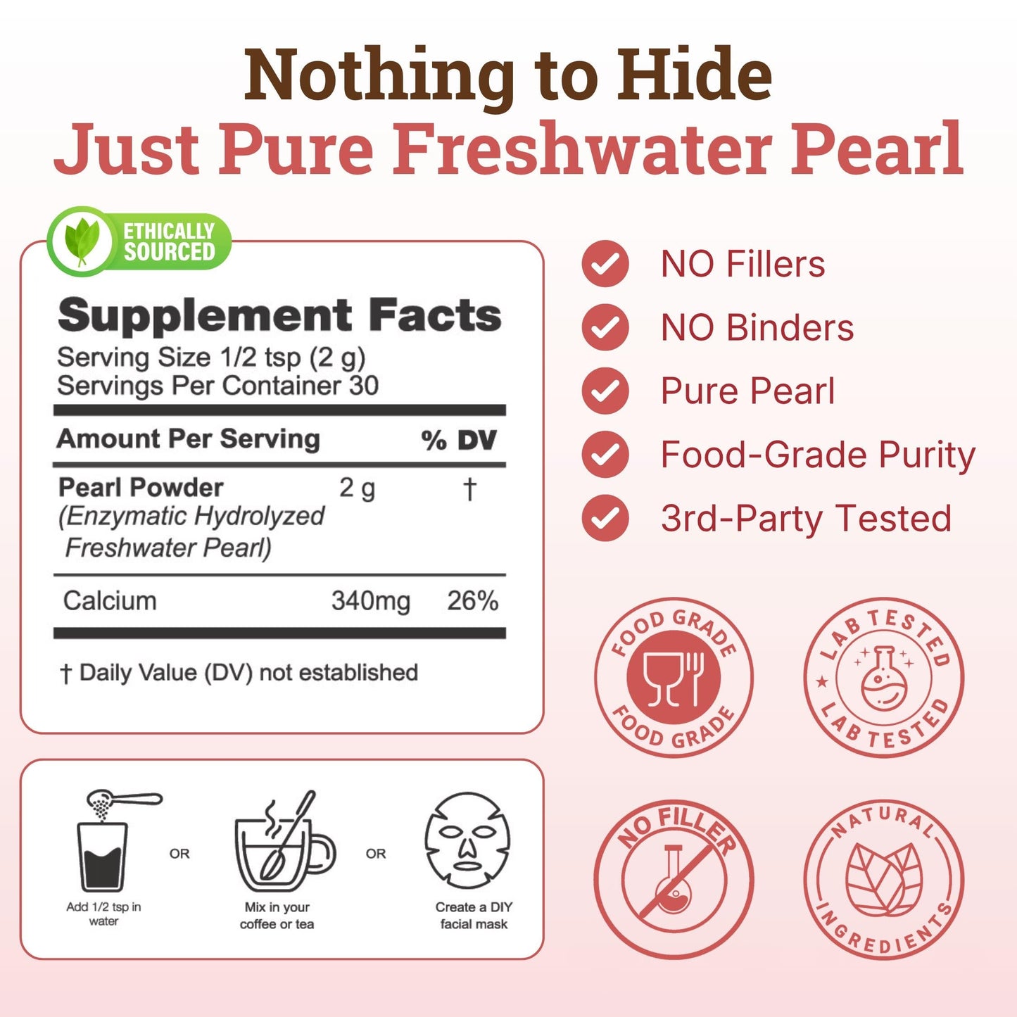 Nourishing Nutrients 4-in-1 Pearl Powder Organic Quality for Teeth, Eyes, DIY Masks & Drink Powder 2.12 oz