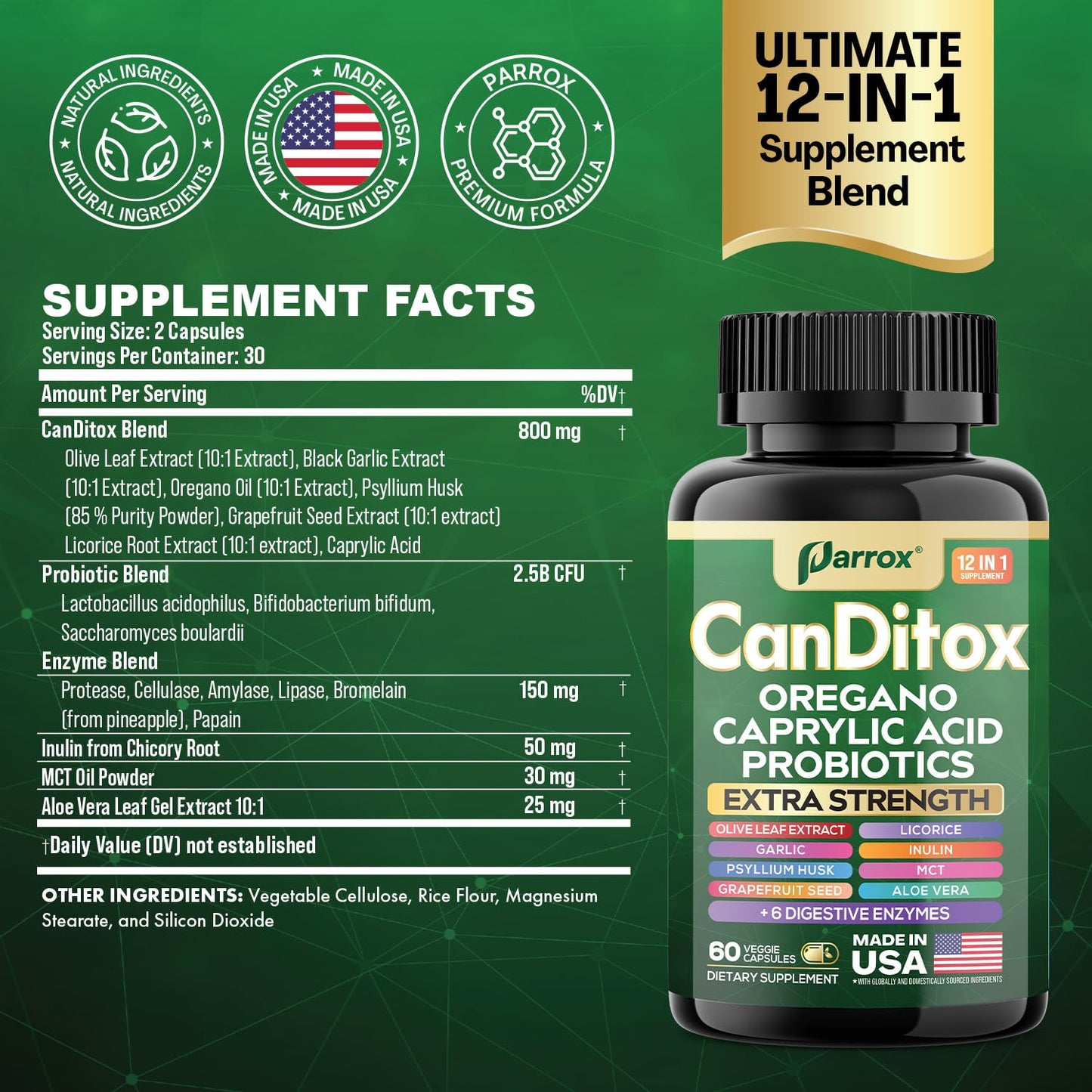 Parrox Canditox Cleanse Capsules, 15-in-1 Gut & Detox, Oregano, 120 Capsules