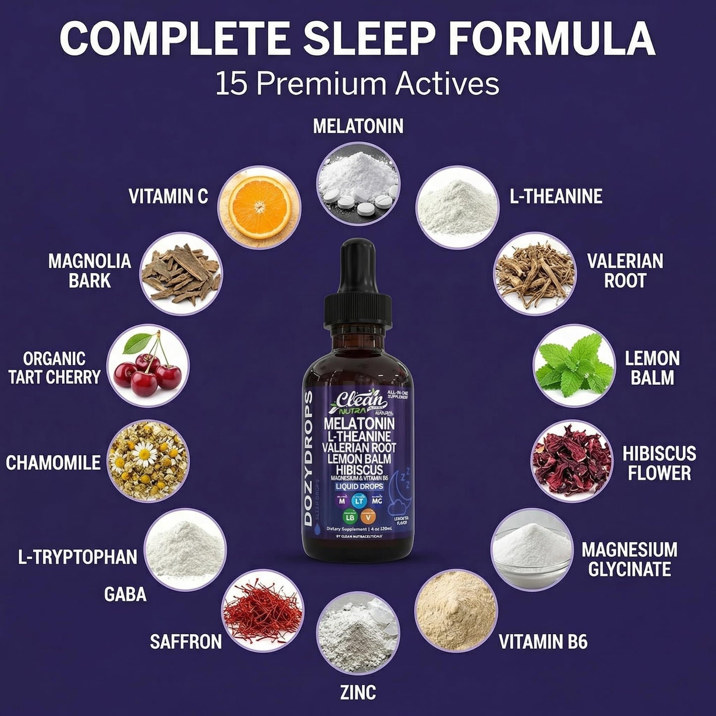 Clean Nutraceuticals Melatonin 10mg Magnesium Vitamin B6 L-Theanine Valerian Hibiscus Lemon Balm Supplement Capsule 120 Count