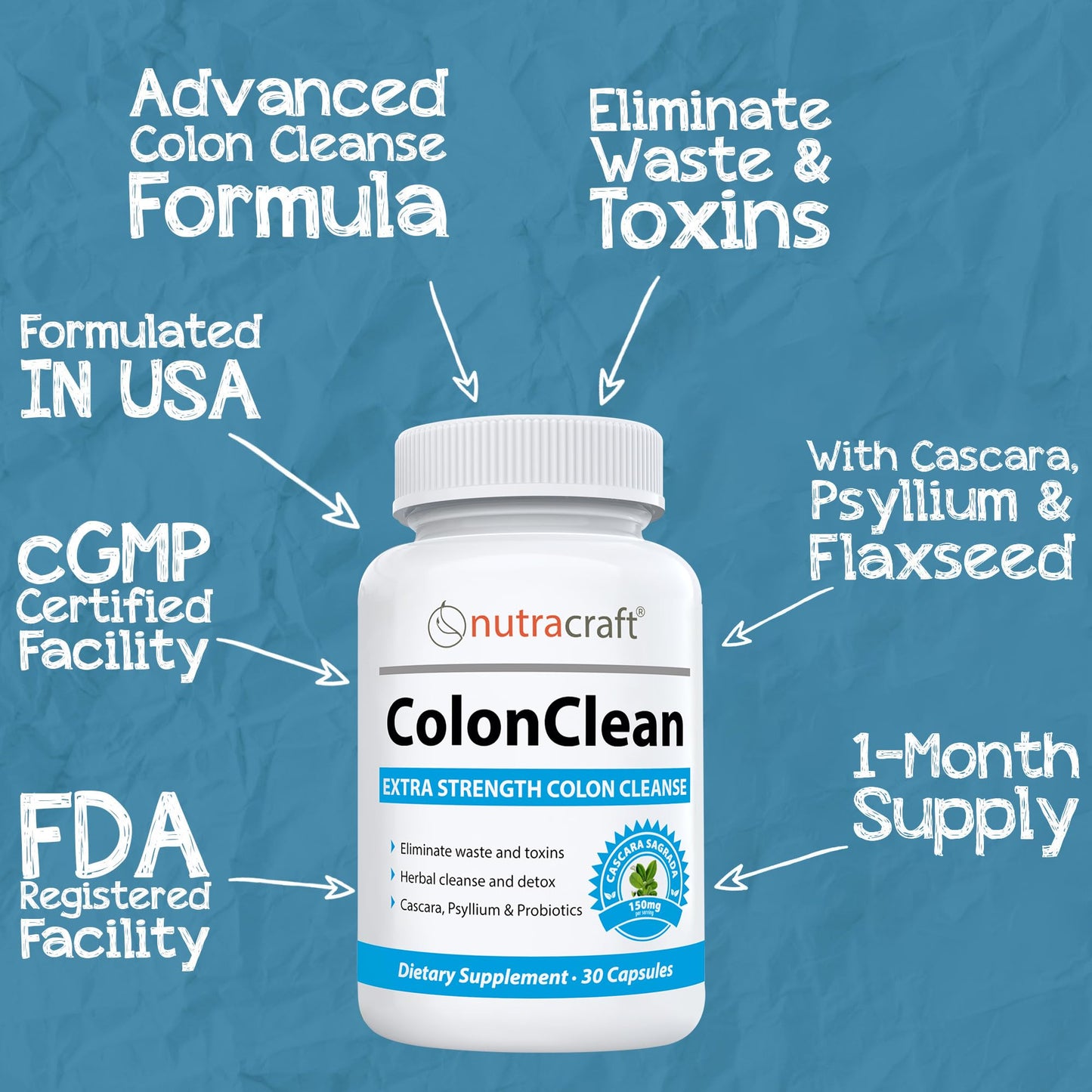 Nutracraft ColonClean #1 Colon Detox and Constipation Relief with Senna, Cascara Sagrada, Psyllium, MCT, Aloe and Probiotics 30 Capsules