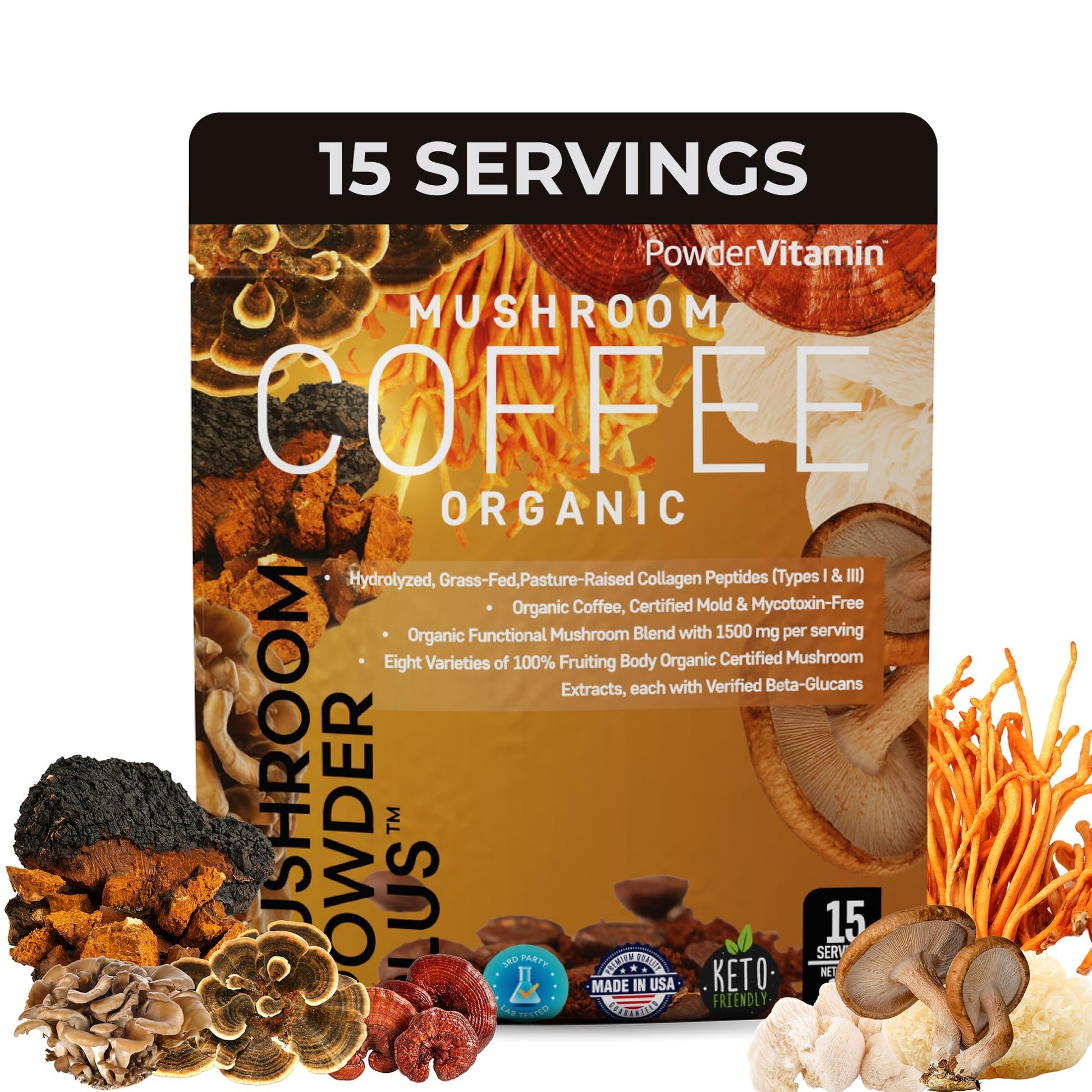 PowderVitamin Organic Mushroom Coffee Powder with Grass-Fed Collagen Types I & III, 8 Fruiting Body Mushrooms, Mold & Mycotoxin Free, Beta-Glucans Tested, Focus, Energy, Digestion & Immunity, 15 Servings, 4.5 oz