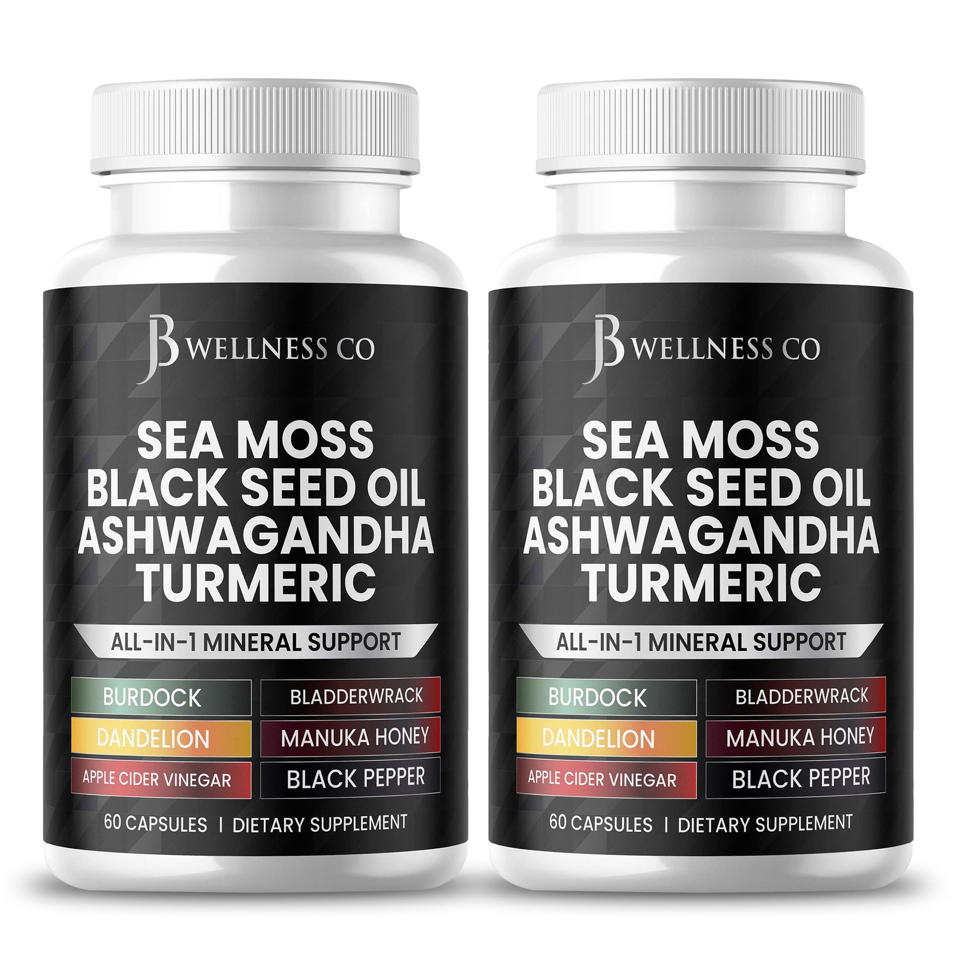 JB Wellness Co Sea Moss Black Seed Oil Ashwagandha Turmeric Bladderwrack Burdock with Manuka Honey Dandelion ACV Black Pepper Gluten Free Capsules 120