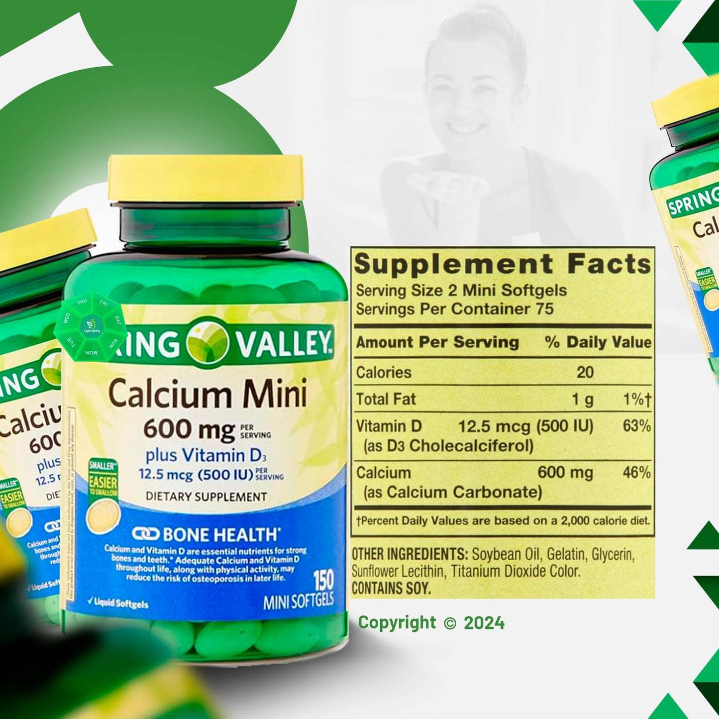LightSpring Calcium 600mg Plus Vitamin D3 Softgels, 150 Count