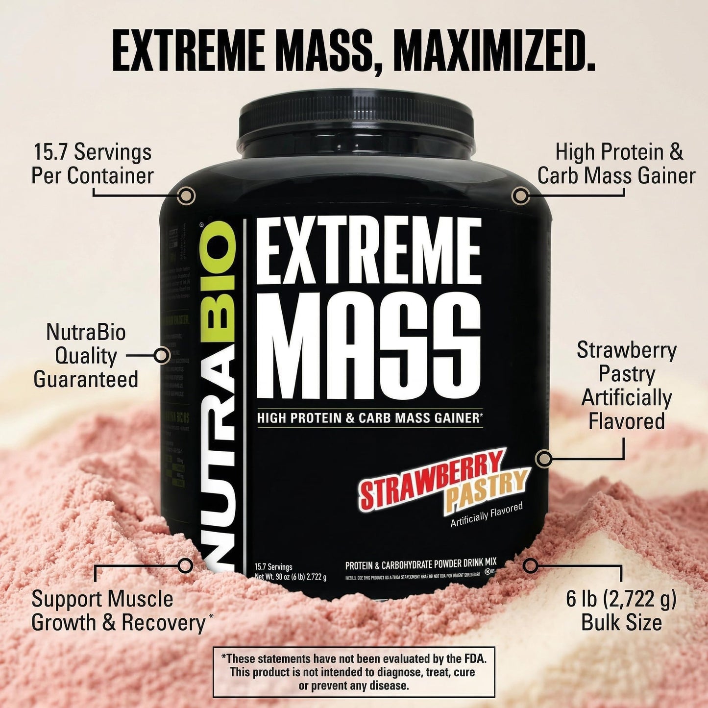 NutraBio Extreme Mass Gainer Protein Powder Strawberry Pastry 96 Servings