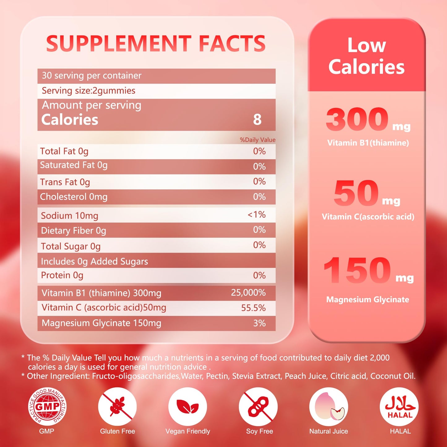 NEWOLite Vitamin B1 Gummies (Thiamine) 300mg with 150mg Magnesium, Natural Peach Flavor, Non-GMO, Sugar-Free, Vegan, 60 Gummies