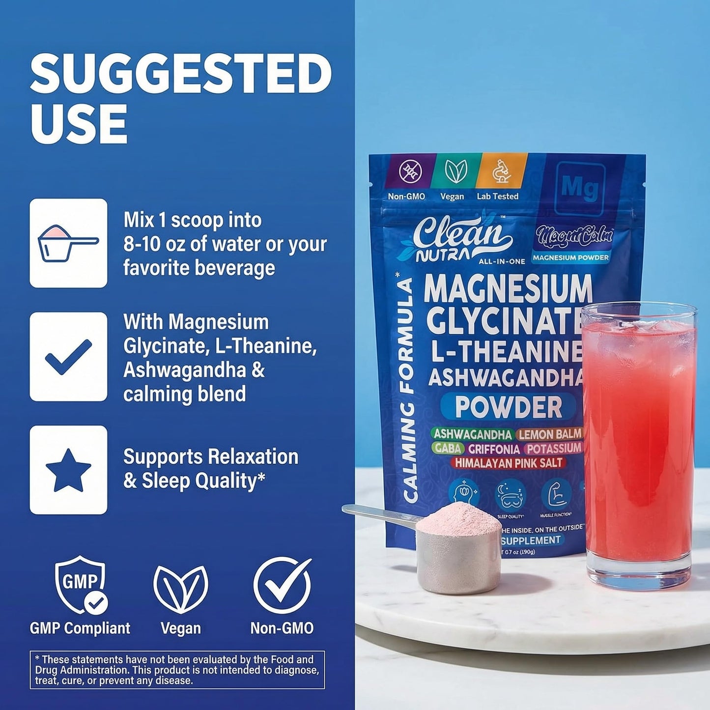 Clean Nutraceuticals Magnesium Glycinate Powder Supplement + L-Theanine, Ashwagandha, Glycine, Apigenin, Lemon Balm, GABA, 5-HTP, Pink Salt, Potassium, L-Tryptophan, Calcium 6.7 Ounce