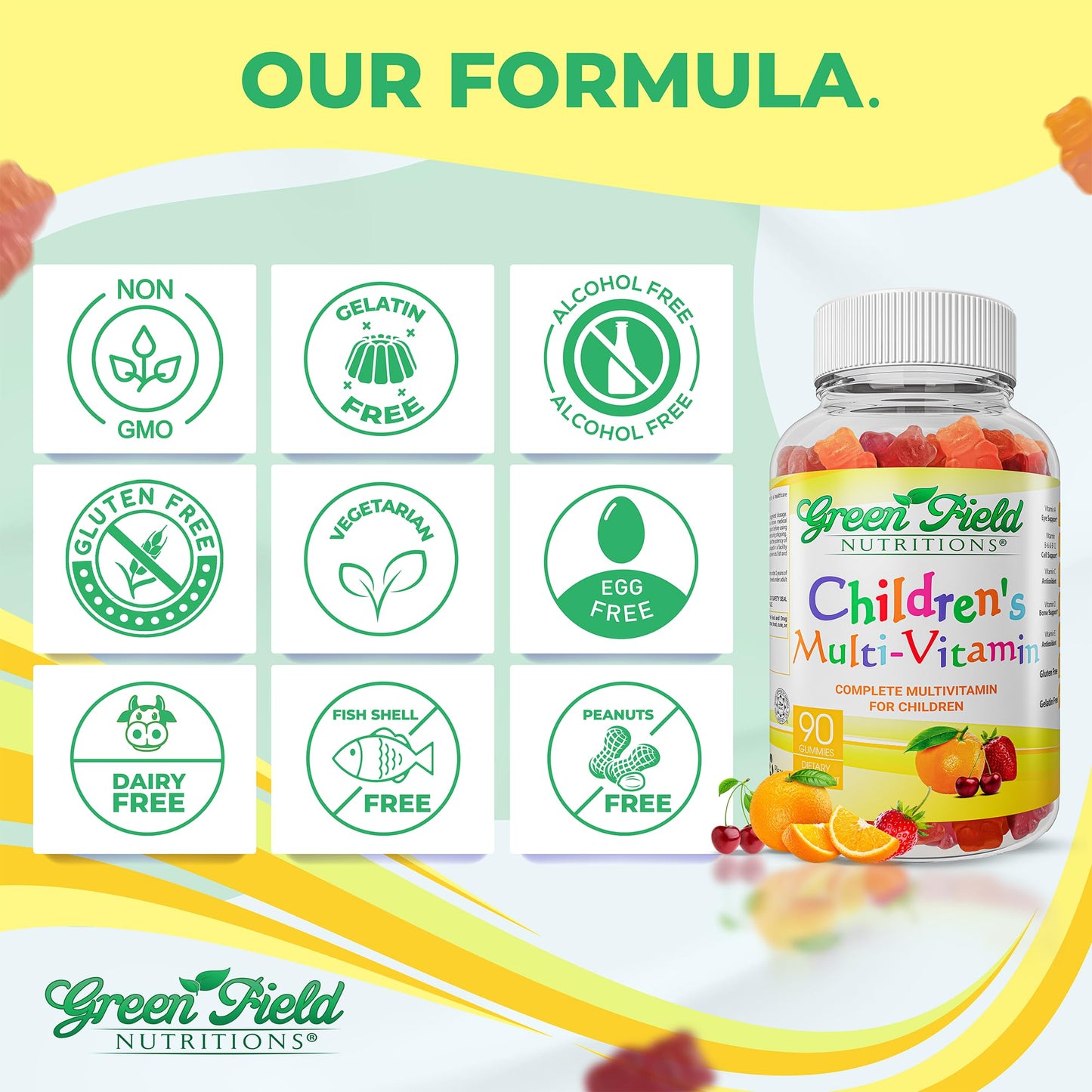 GREEN FIELD NUTRITIONS Halal Gelatin-Free Multivitamin Gummies for Kids with Vitamins A, B, C, D, Iodine & Zinc 90 Count