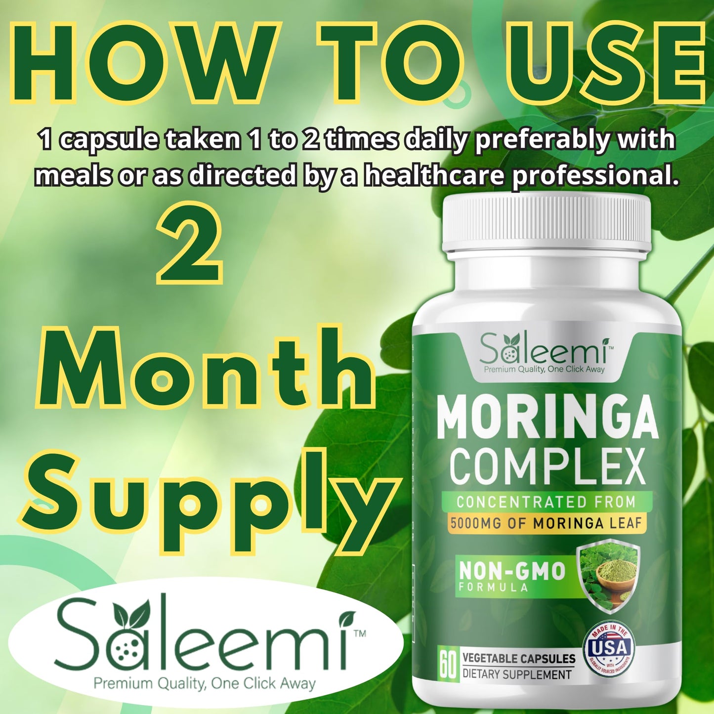 SALEEMI Moringa Capsules – Premium Moringa Oleifera Leaf & Seed Extract, Green Superfood for Energy, Immunity & Vitality, Plant-Based & Non-GMO, 60 Vegan Capsules