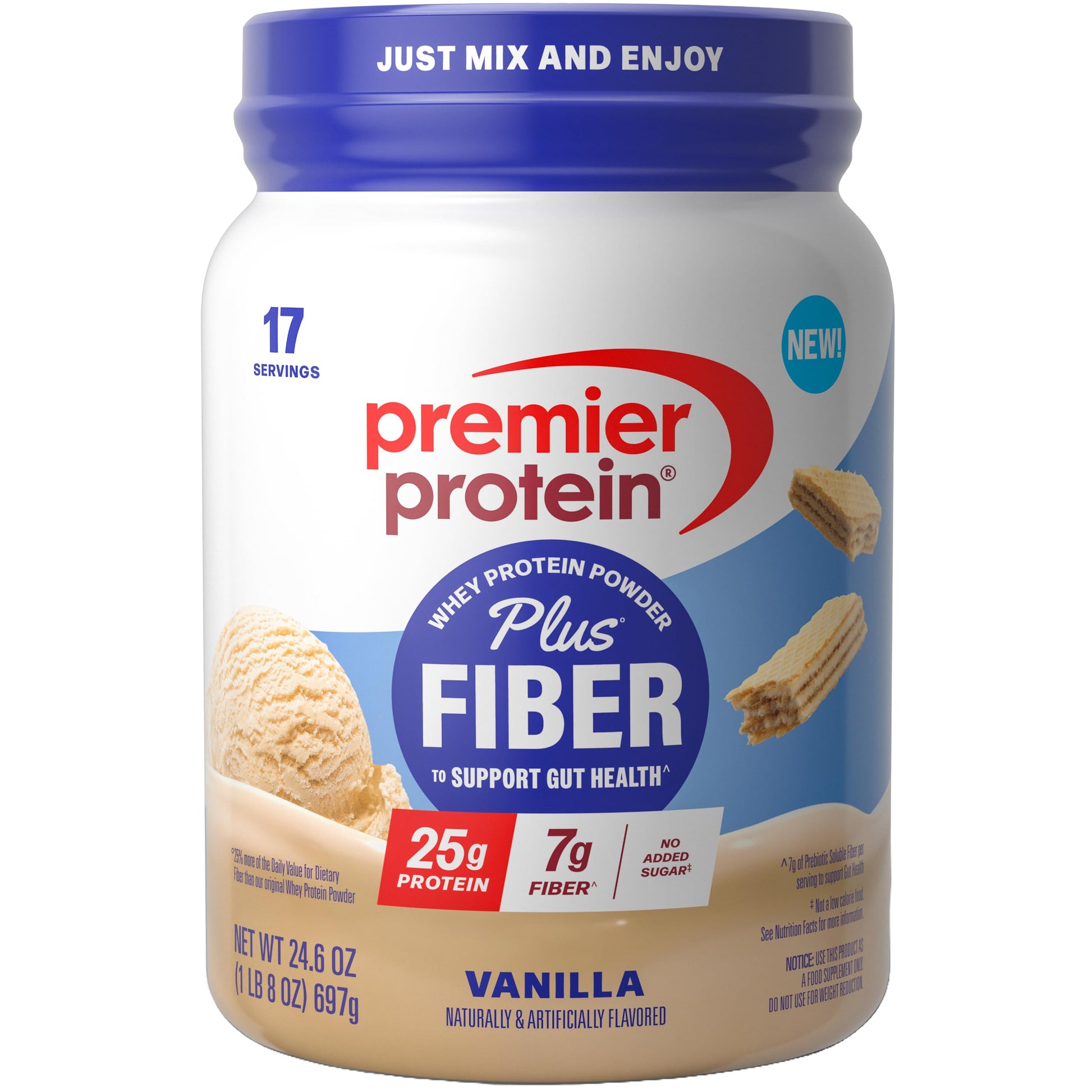 Premier Protein Powder Plus Fiber Vanilla 25g Protein, 7g Fiber, No Added Sugar, 24.6 oz