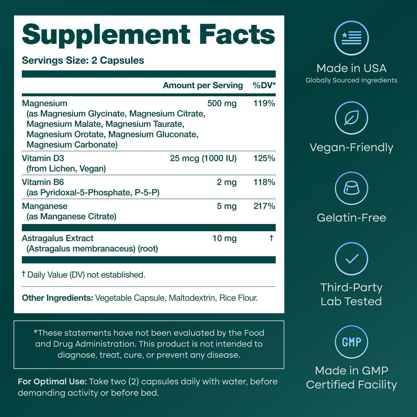 Etta Vita Magnesium Glycinate Complex with Astragalus Capsules, 60 Count