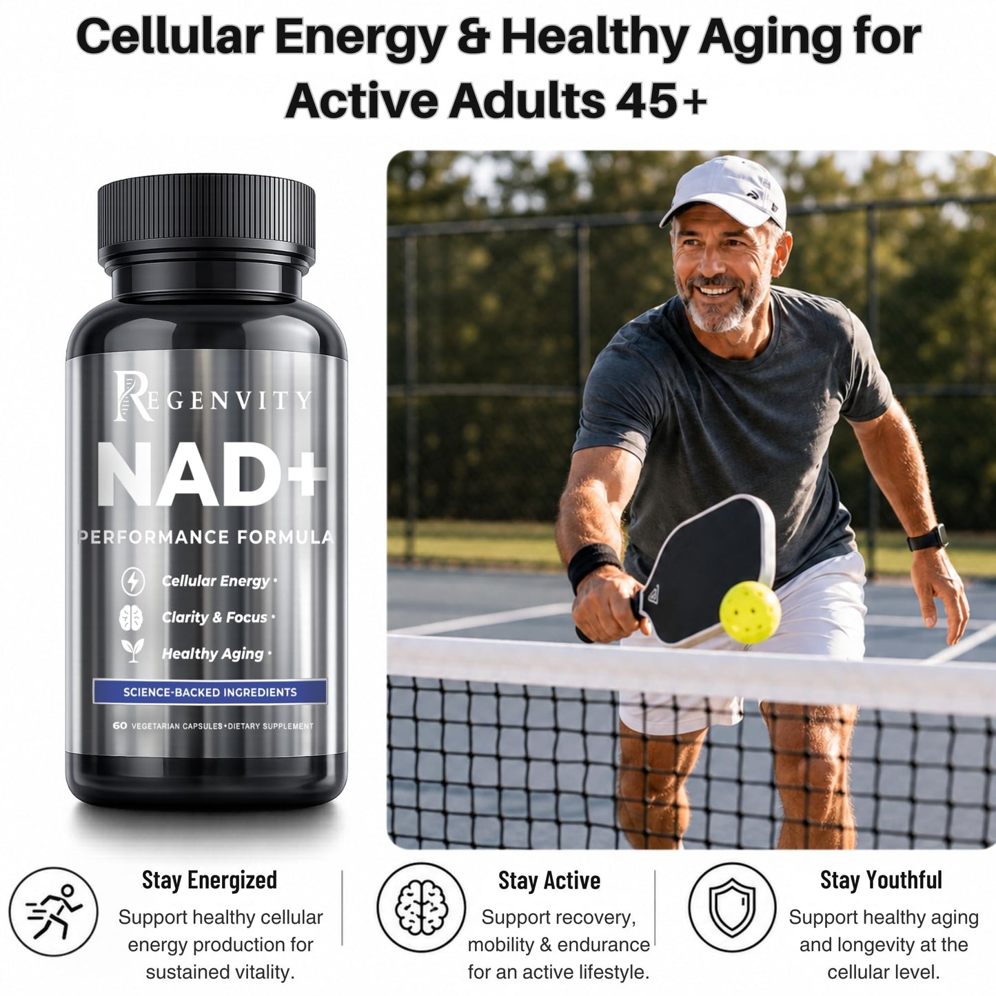 Regenvity NAD+ & Longevity Supplements with Kaneka Ubiquinol CoQ10 300mg Nicotinamide Riboside NR, Cellular Energy & Healthy Aging Formula for Active Adults 45+, 60 Capsules