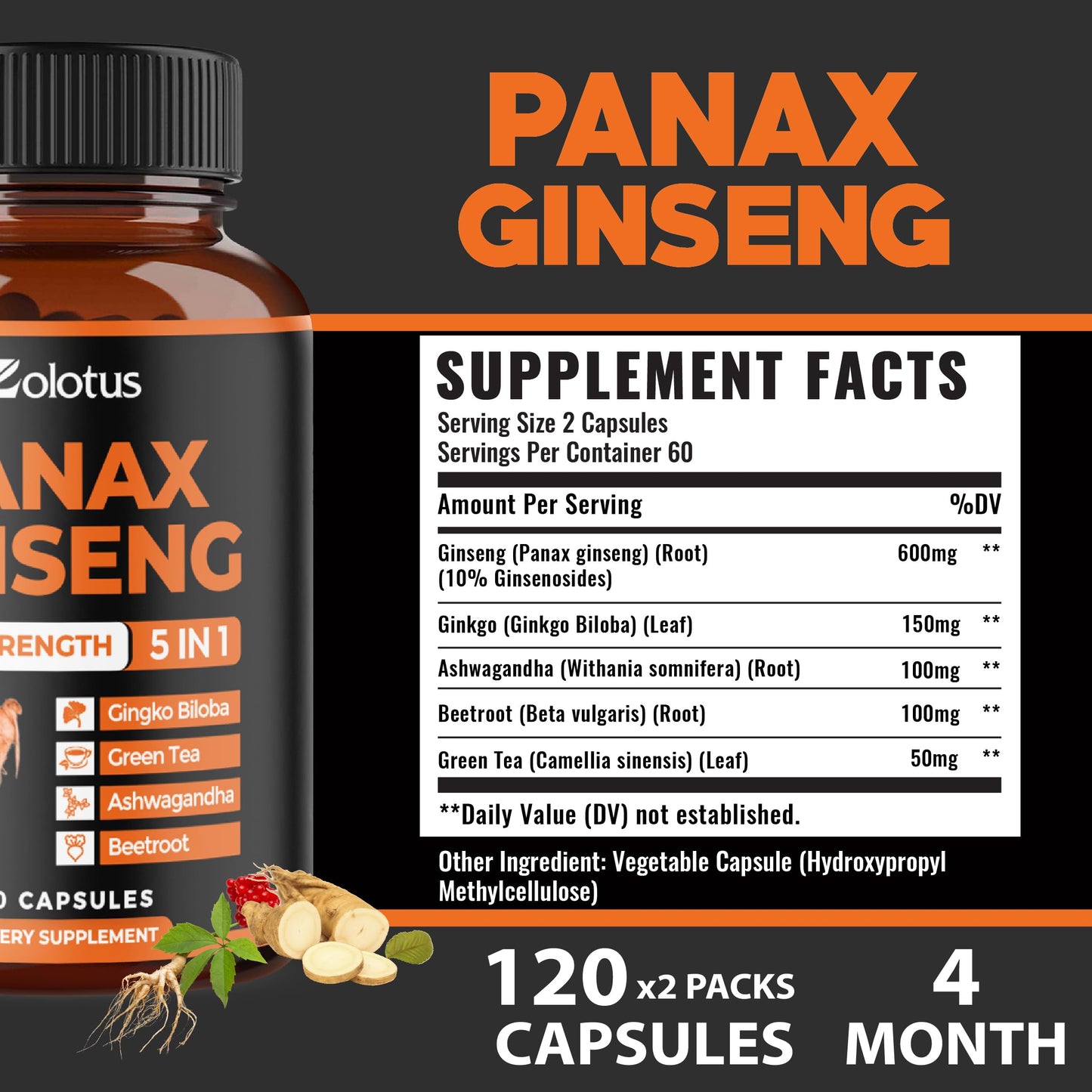 Zolotus Korean Red Panax Ginseng + Ginkgo Biloba, Ashwagandha, Beetroot, Green Tea Capsules 240
