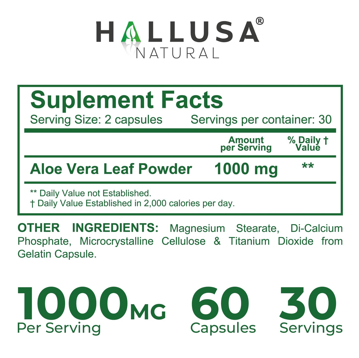 Hallusa Natural HallAloe Aloe Vera Supplement Capsules, 1000mg per Serving, 60 Count