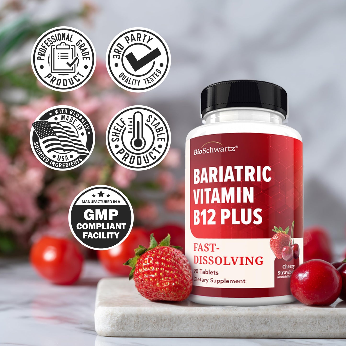 BioSchwartz Bariatric B12 Plus Dissolvable Tablets - 1000mcg Vitamin B12, Vitamin B6, Folate, Biotin, Cherry Strawberry Flavor, 90 Tablets
