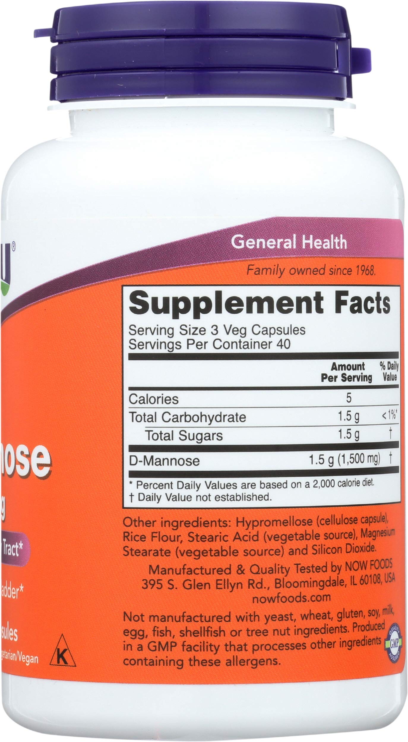 NOW Foods D-Mannose 500 mg Capsule, 360 Capsules