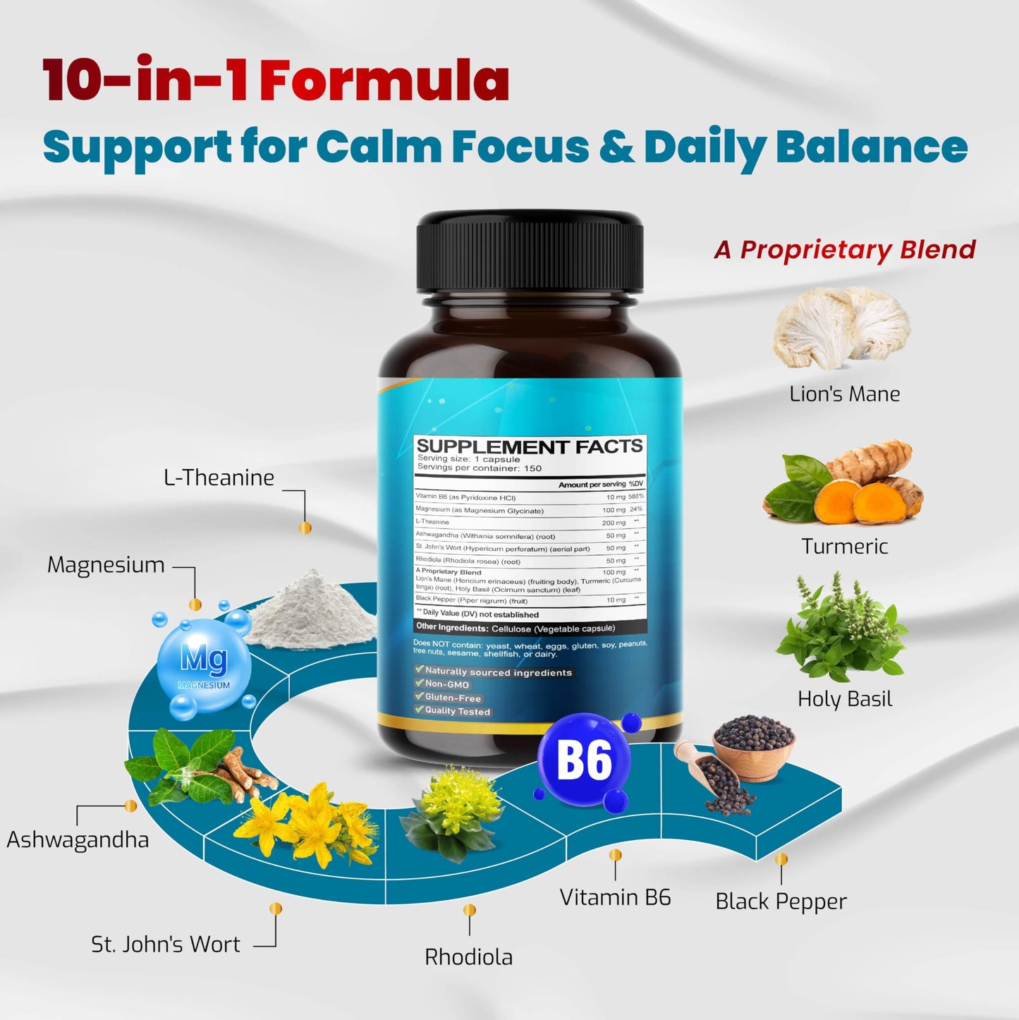 VEGATOT Ultra Organic L-Theanine Complex 10-in-1 Formula with Vitamin B6, Magnesium, Rhodiola, Ashwagandha, Turmeric & Holy Basil – Supports Calm Mood, Relaxation & Focus, 150 Capsules