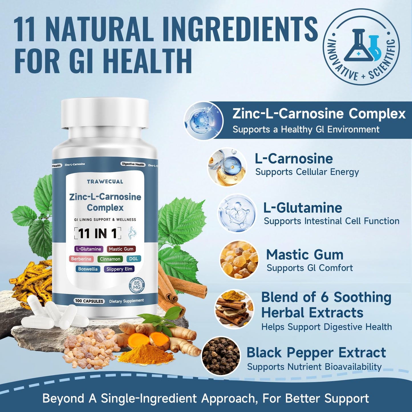 Trawecual Zinc L Carnosine Complex 85mg 11-in-1 Digestive & Gut Health Support with Soothing Blend, L-Glutamine & Mastic Gum, 200 Capsules