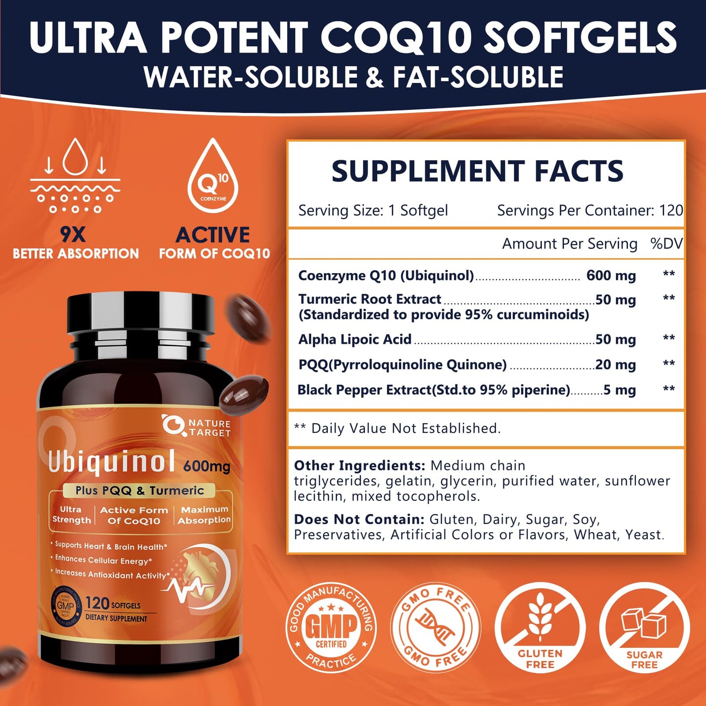 NATURE TARGET Ubiquinol CoQ10 600mg Capsule with PQQ & Turmeric, High Absorption CoQ10 Supplement with ALA & Black Pepper, Antioxidant for Brain Health, Energy Production, 120 Count