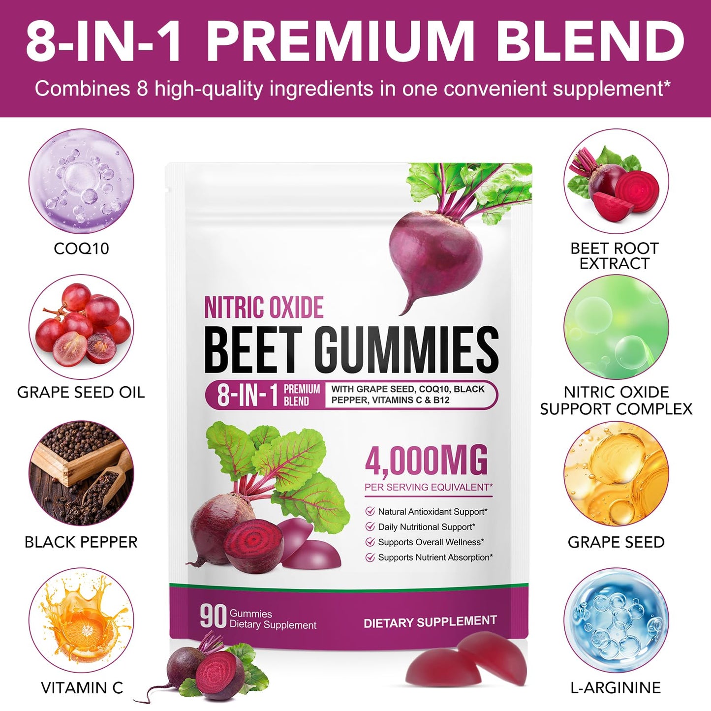 TAKNFDMY Beet Root Gummies 8-in-1 with CoQ10, Grape Seed, Vitamin C & B12 Gummy 90 Count