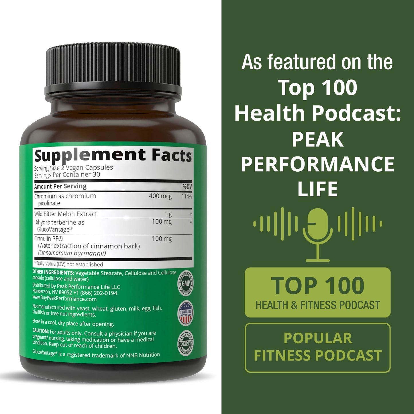 Peak Performance Ultra High Strength 4-in-1 Berberine with GlucoVantage, Wild Bitter Melon, Cinnamon Extract and Chromium Picolinate Capsules 60 Count